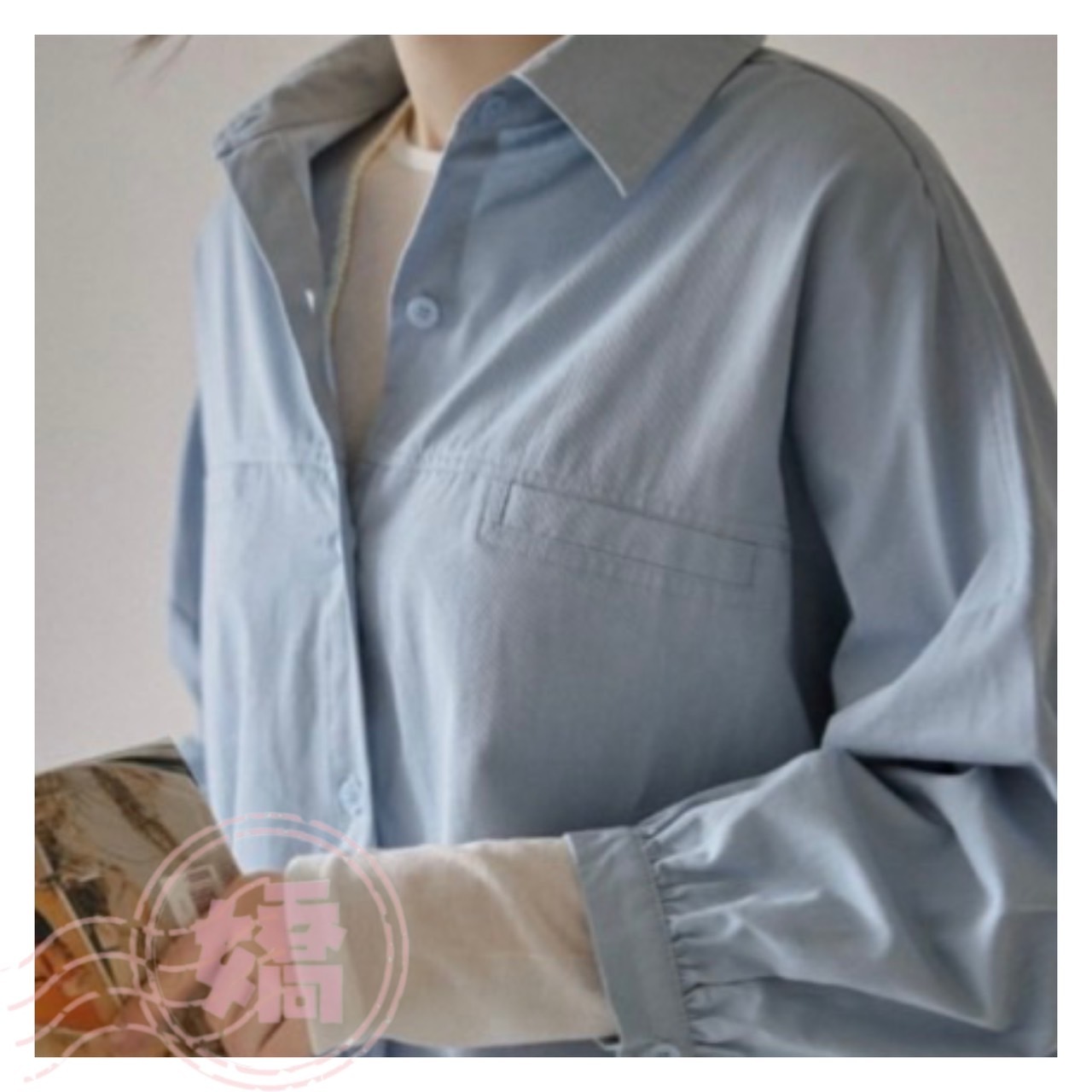 K18005假口袋蓬蓬袖襯衫(白'杏'藍'黑)