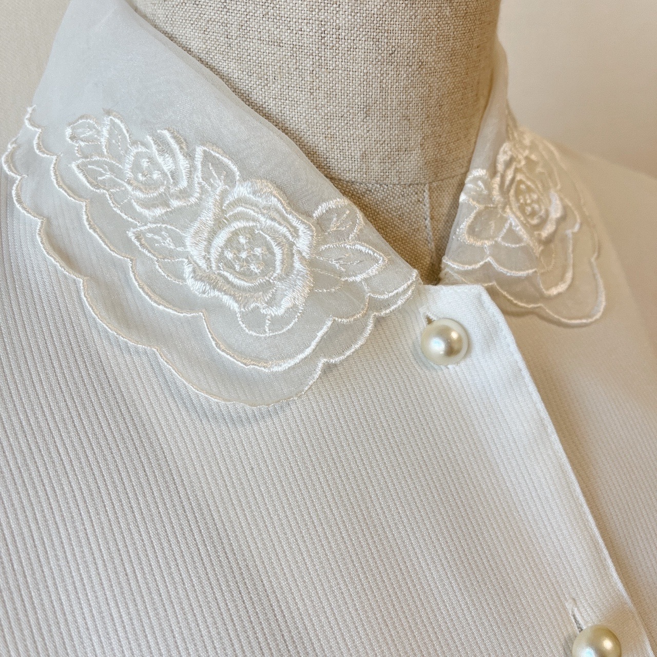 日本製白色雙層領刺繡古著上衣