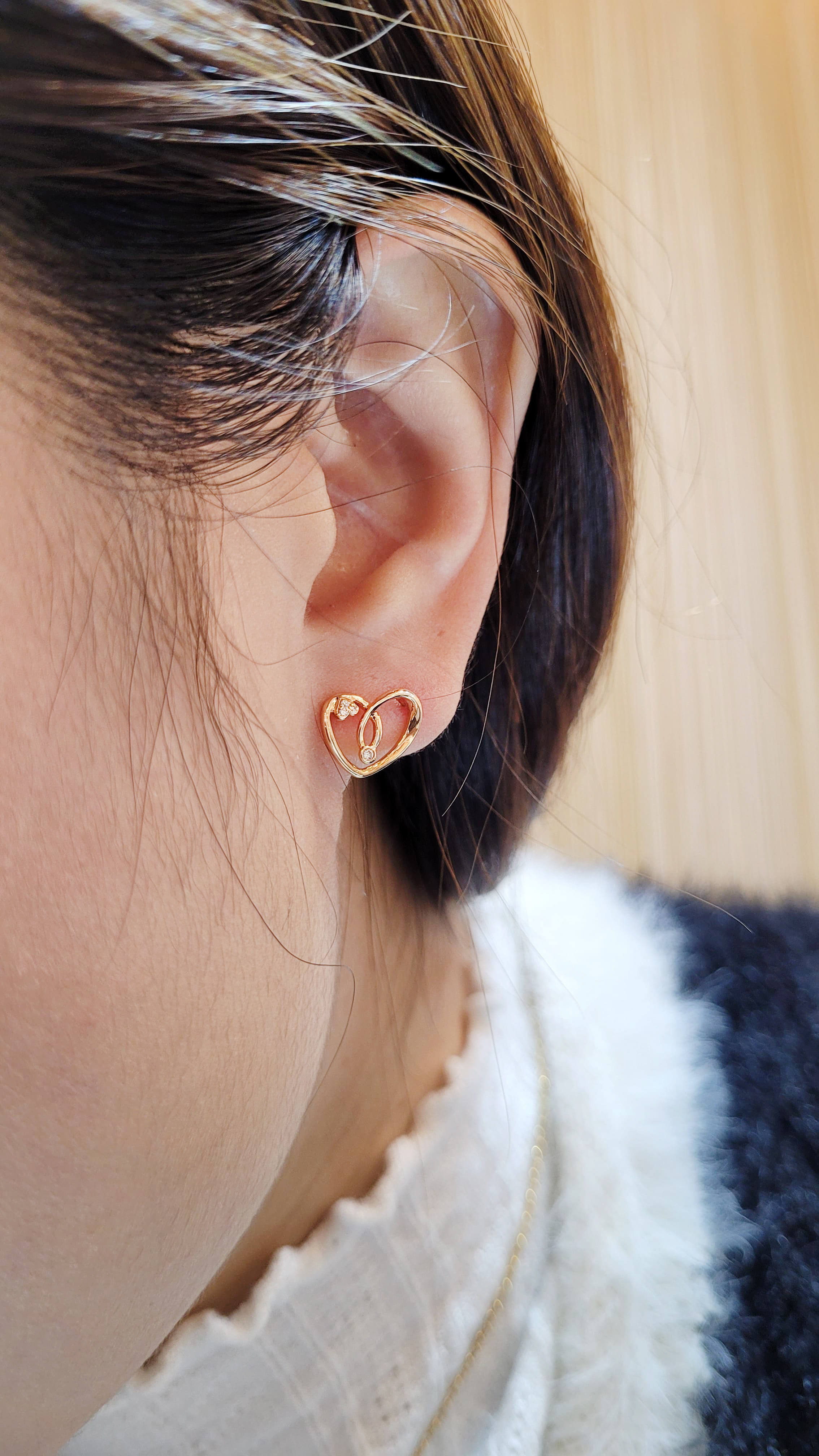 18K玫瑰金天然鑽石心形耳環