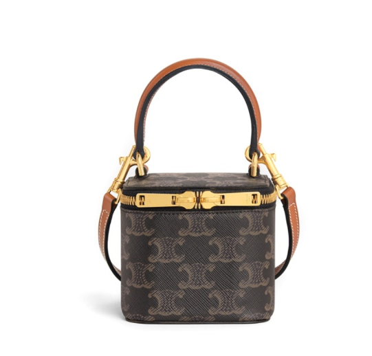 CELINE Triomphe mini 老花滿印可調節肩帶 帆布拼小牛皮盒子袋