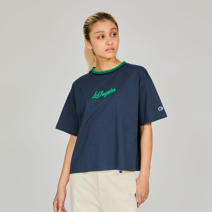 女款-CAUSAL植絨印花寬閔短袖 恤-深藍（CW-B303-370）