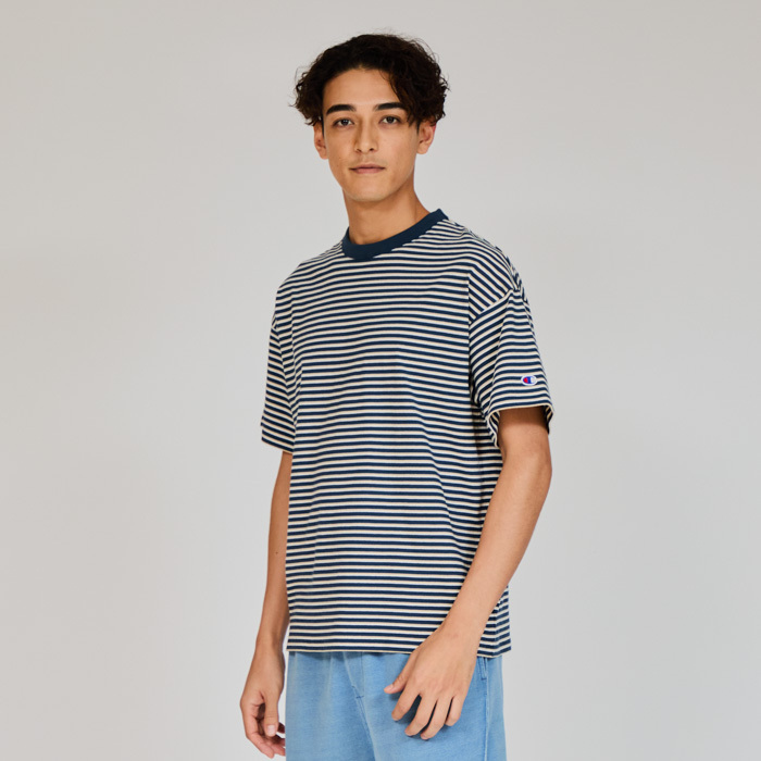 男款-CASUAL 寬版條紋短袖TEE-藍x米色（C3-B328-370）