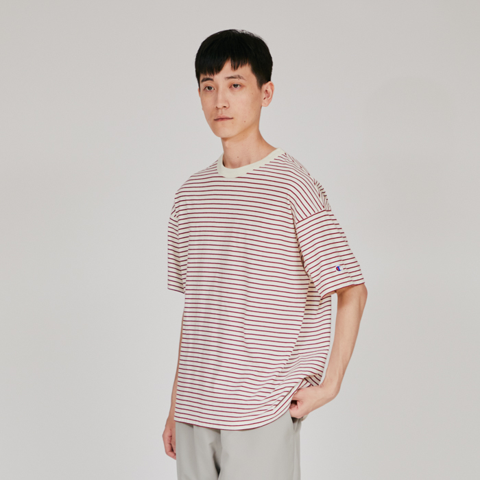 男款-CASUAL 寬版條紋短袖TEE-紅x米（C3-B328-815）