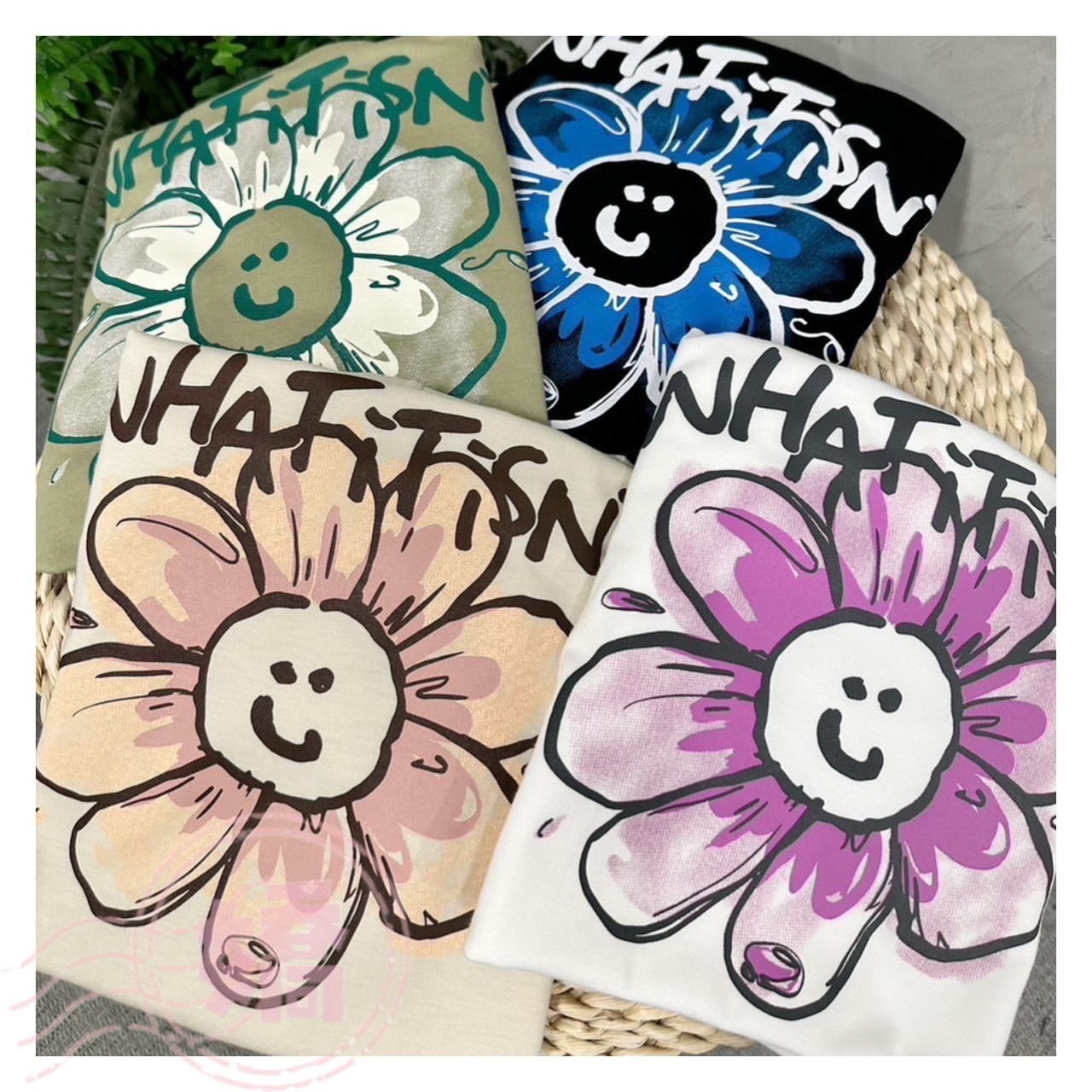 K21012撞色英字笑臉大花踢(白'杏'綠'黑)