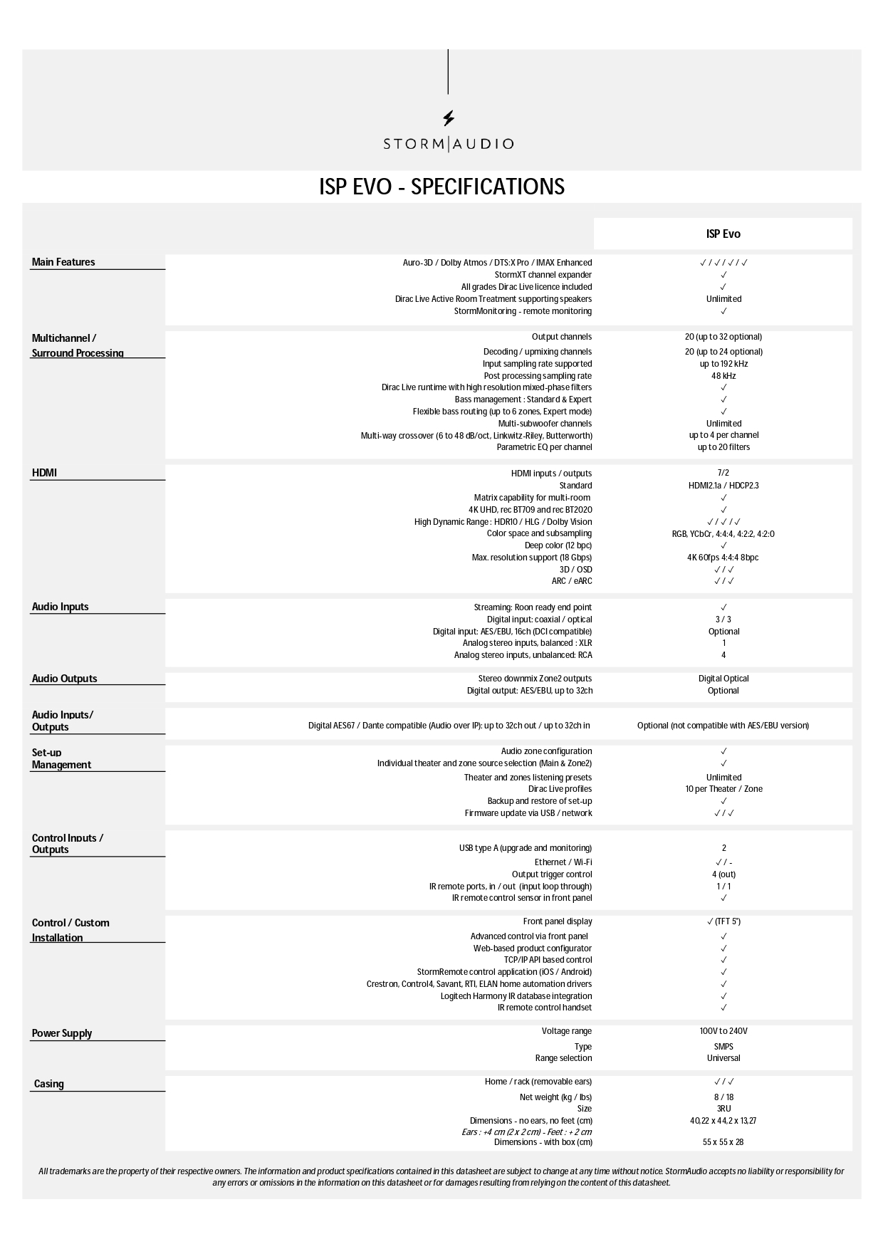 StormAudio ISP EVO Fully digital immersive sound processor Specification sheet