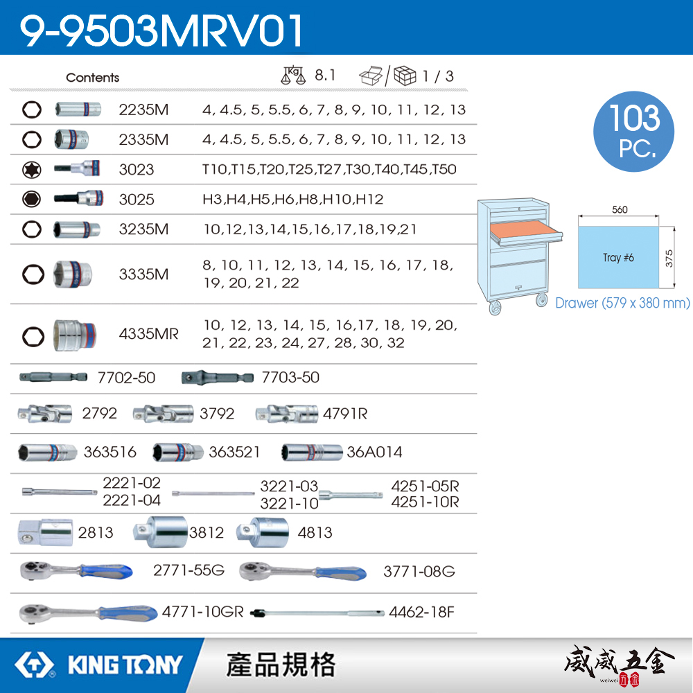 KING TONY 金統立｜103件式1/4"+3/8"+1/2"套筒扳手工具車組套-EVA底盤｜9-9503MRV01