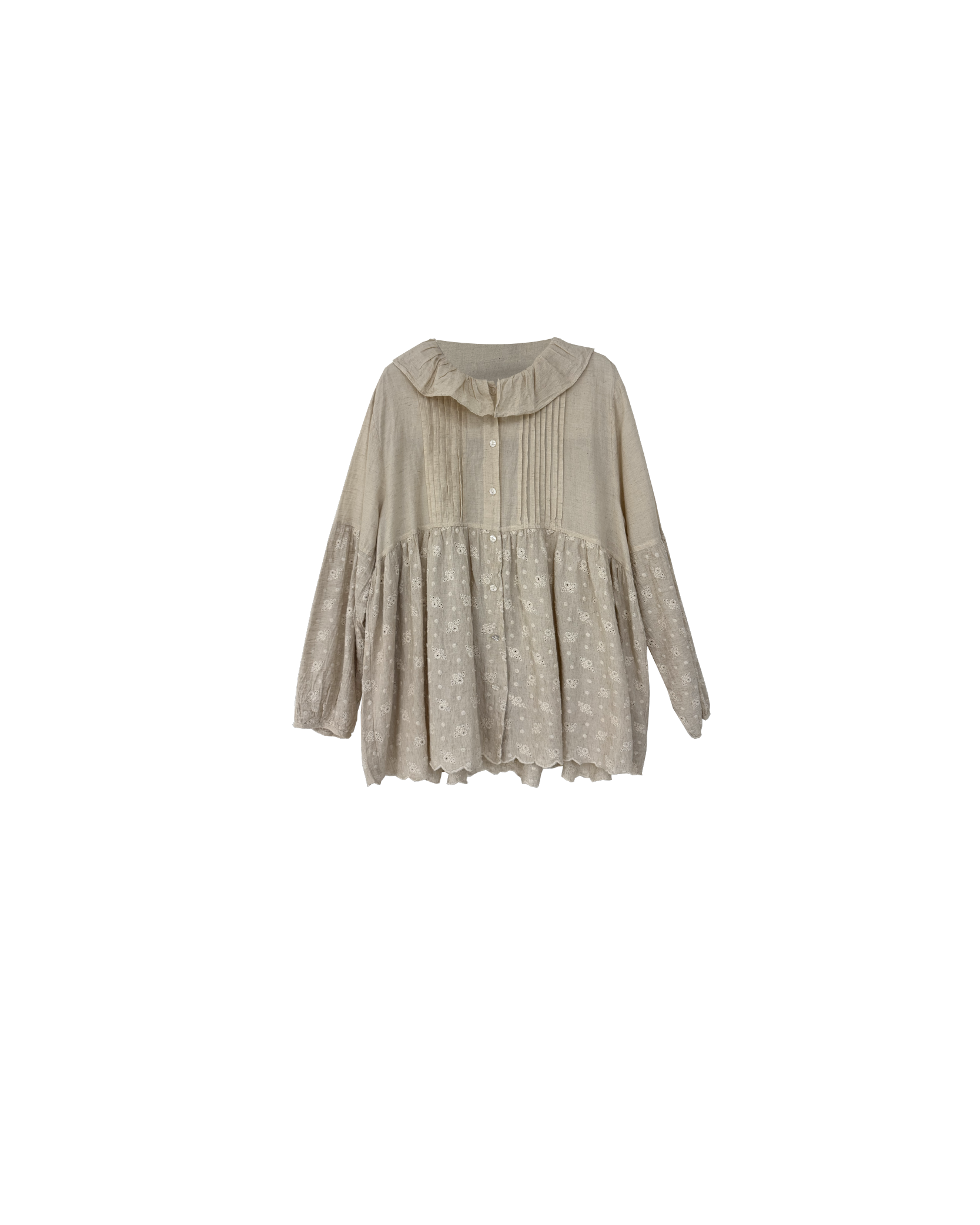 棉麻拼接通花上衣