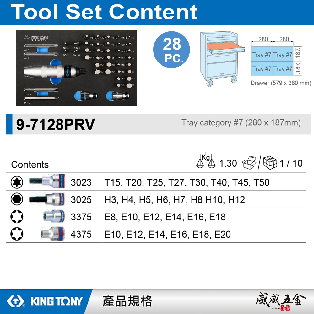 KING TONY 金統立｜43件式 1/2" DR. 衝擊起子組工具車組套(EVA底盤)｜9-4143FRV｜台灣製