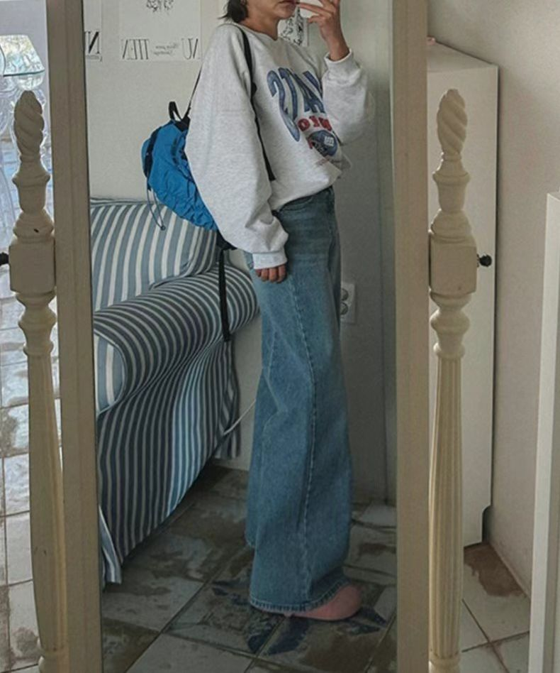 復古淺藍色寬鬆直筒牛仔褲