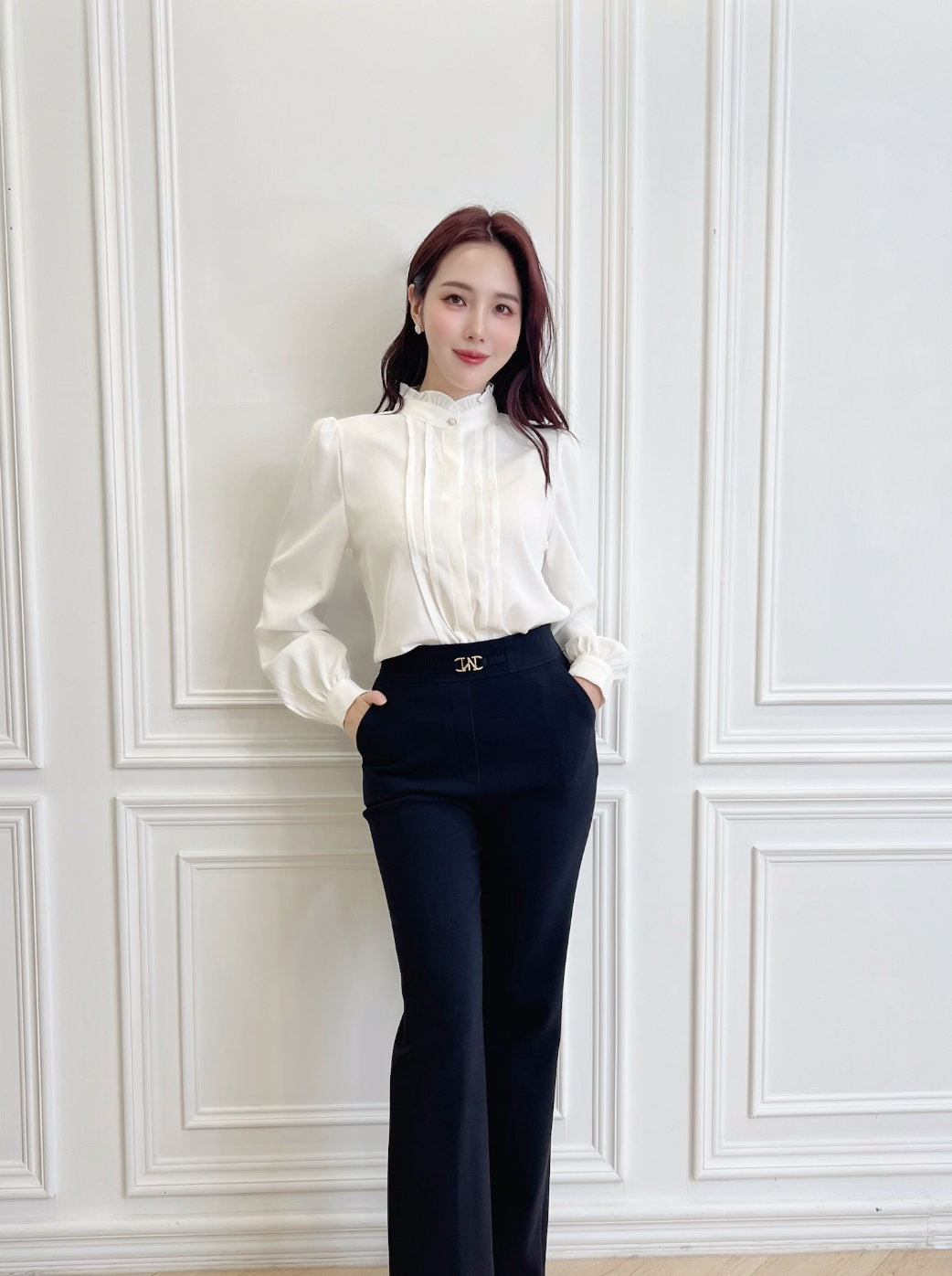 荷葉立領珍珠釦長袖上衣