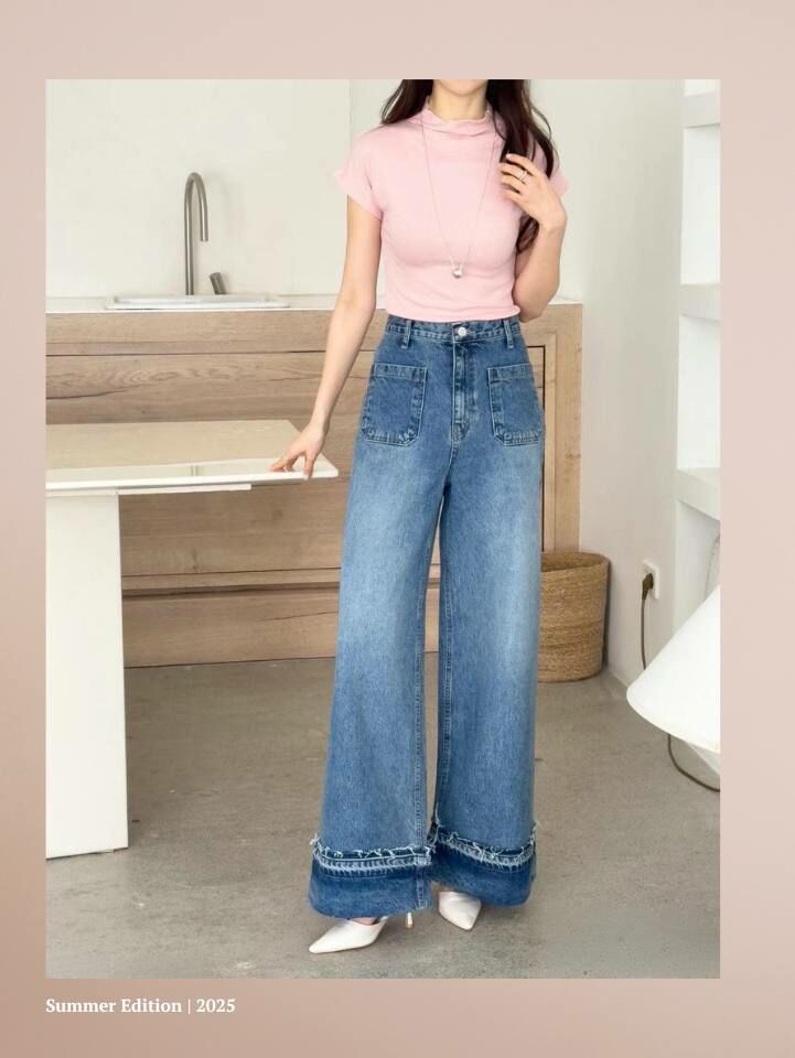 中腰前貼式口袋反摺鬚邊大寬褲