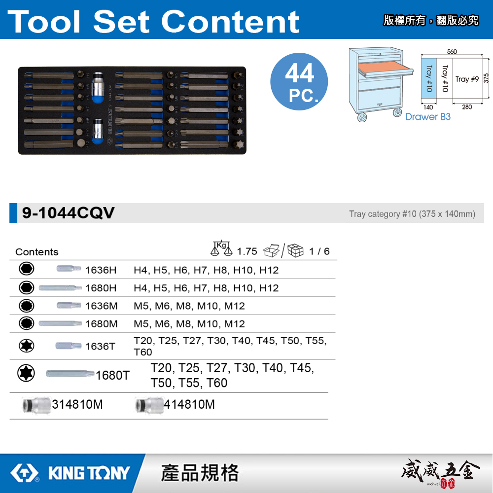 KING TONY 金統立｜44件式 10mm起子頭工具車組套(EVA底盤) 打擊起子頭套組｜9-1044CQV｜台灣製