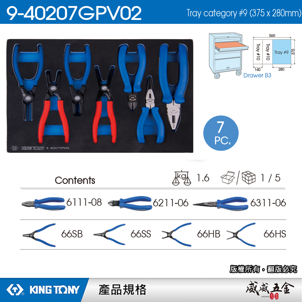 KING TONY 金統立｜7件式 鉗子工具車組套(EVA底盤) 虎鉗彈簧尖嘴斜口夾鉗｜9-40207GPV02｜台灣製