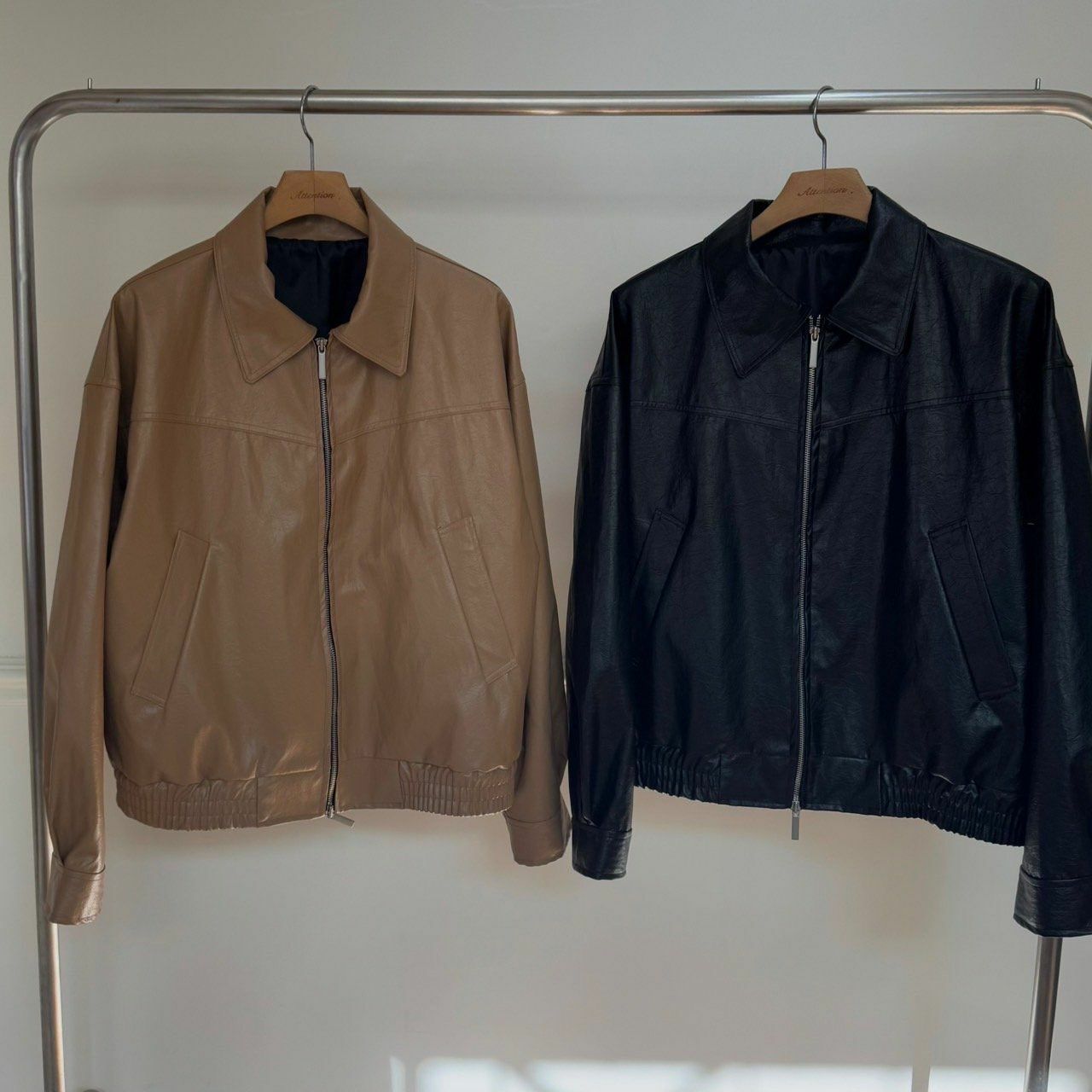 反領拉鍊合成皮褸 BY ATTENTION-351JK