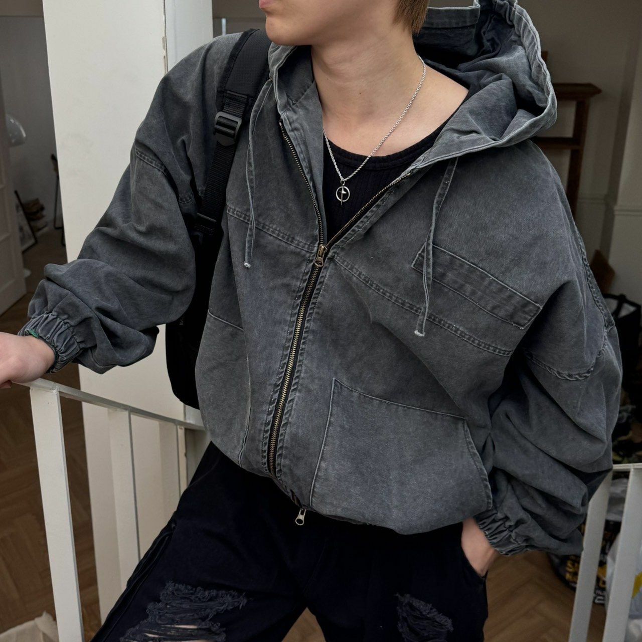 洗水淨色連帽拉鍊外套 BY ATTENTION-352JK