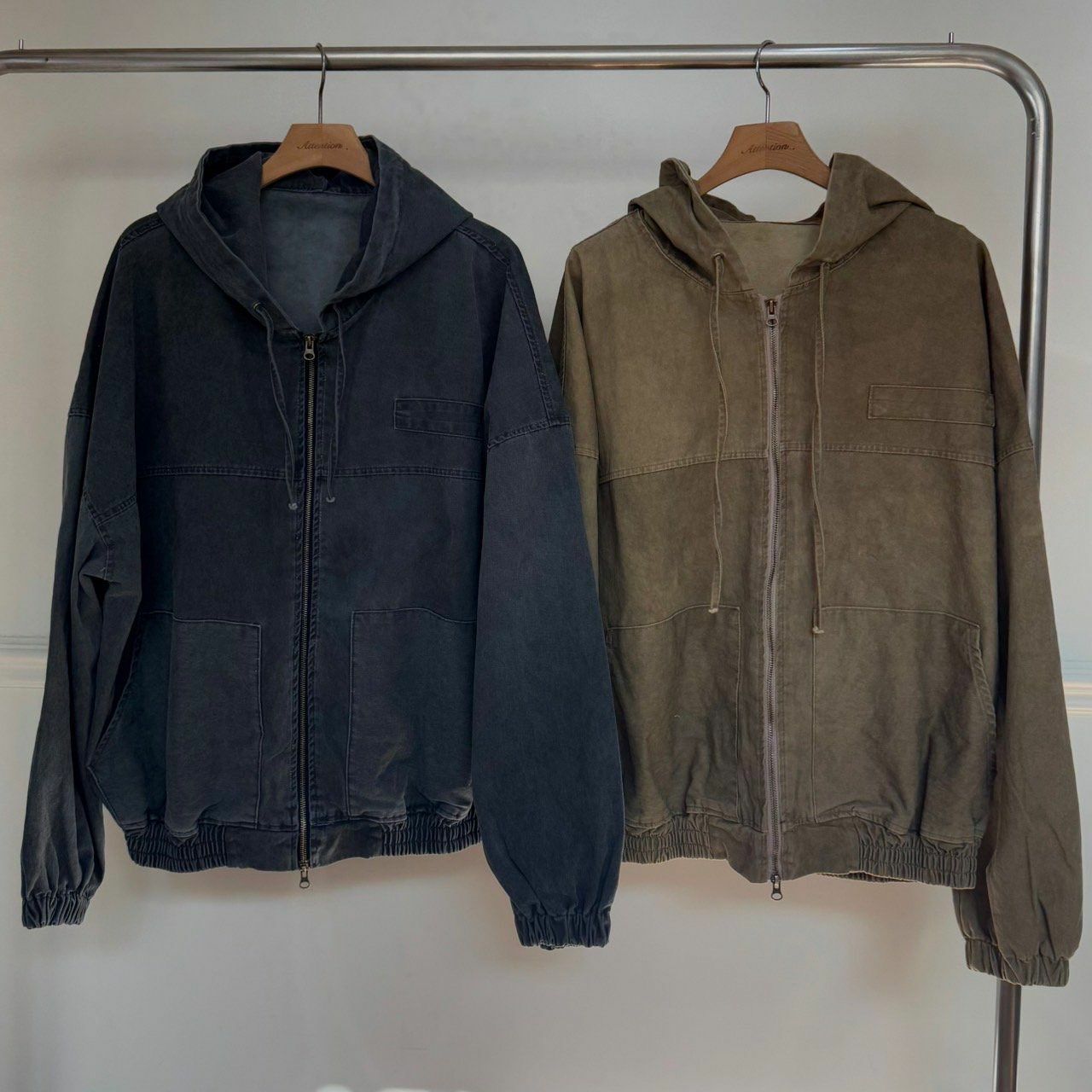 洗水淨色連帽拉鍊外套 BY ATTENTION-352JK