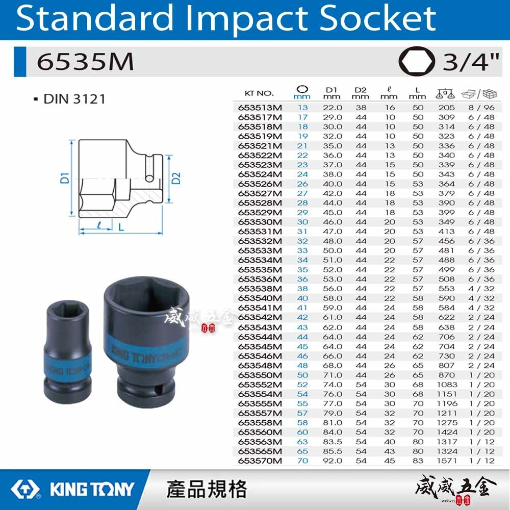 KING TONY 金統立｜公制13-70mm 六分六角氣動標準套筒 3/4" 6分 氣動短套筒｜6535M