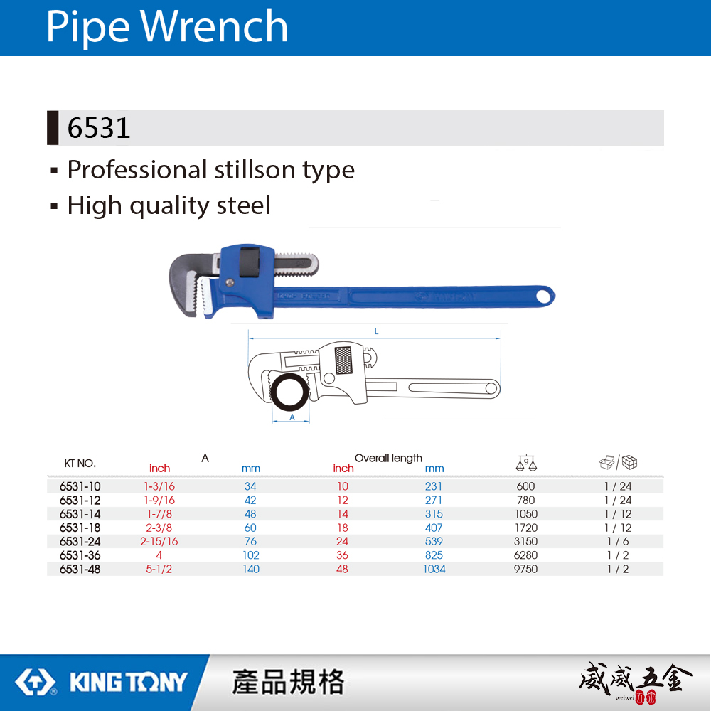 KING TONY 金統立｜10"12"14"18" 24" 36" 48" 西班牙式管鉗 管子鉗 管用夾鉗 彎式水管板手｜6531