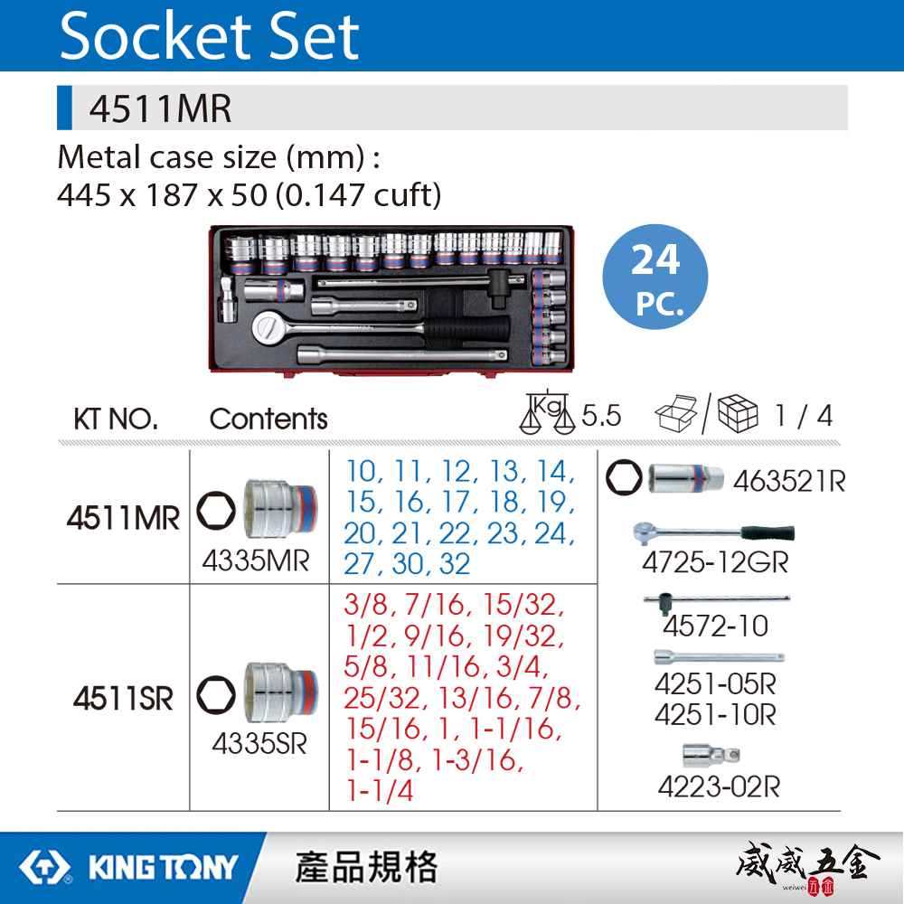 KING TONY 金統立｜10-32 四分 1/2" 手動4分套筒組 六角套筒扳手組24件式｜4511MR