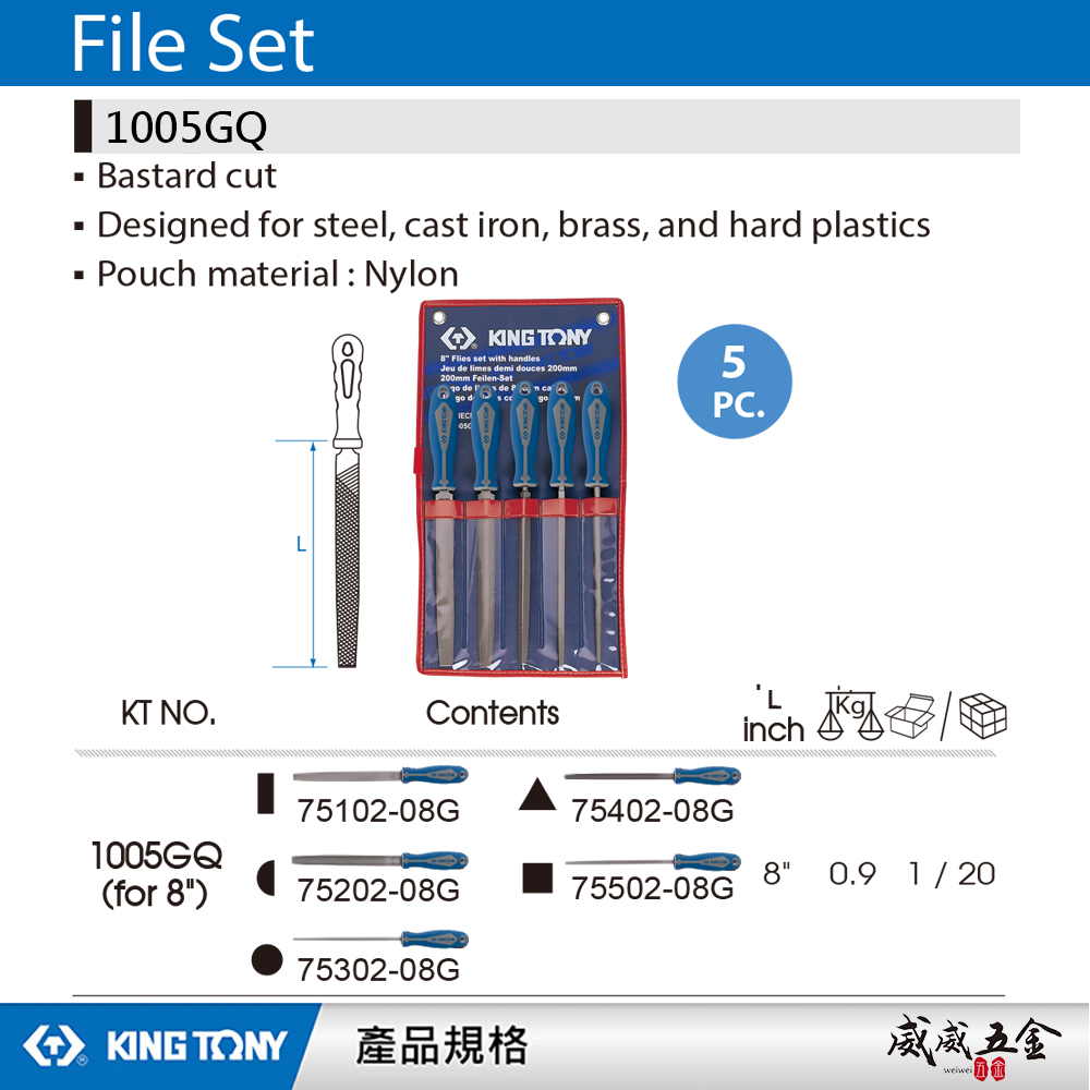 KING TONY 金統立 台灣製｜膠柄銼刀 5支組 膠柄研磨棒 大型銼刀5件式 精細銼刀把組｜1005GQ