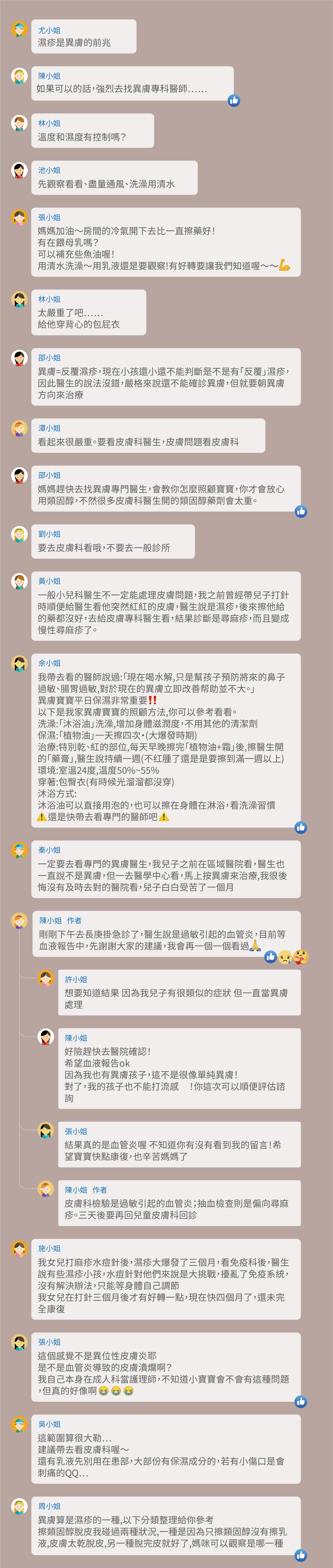 濕疹是異膚的前兆，如果可以的話，強烈去找異膚專科醫師⋯⋯，溫度和濕度有控制嗎？先觀察看看、盡量通風、洗澡用清水，媽媽加油～房間的冷氣開下去比一直擦藥好！有在餵母乳嗎？可以補充些魚油喔！用清水洗澡～用乳液還是要觀察!有好轉要讓我們知道喔～～太嚴重了吧⋯⋯，給他穿背心的包屁衣，異膚=反覆濕疹，現在小孩還小還不能判斷是不是有「反覆」濕疹，因此醫生的說法沒錯，嚴格來說還不能確診異膚，但就要朝異膚方向來治療，看起來很嚴重。要看皮膚科醫生，皮膚問題看皮膚科，媽媽趕快去找異膚專門醫生，會教你怎麼照顧寶寶，你才會放心用類固醇，不然很多皮膚科醫生開的類固醇藥劑會太重。要去皮膚科看哦，不要去一般診所，一般小兒科醫生不一定能處理皮膚問題，我之前曾經帶兒子打針時順便給醫生看他突然紅紅的皮膚，醫生說是濕疹，後來擦他給的藥都沒好，去給皮膚專科醫生看，結果診斷是尋麻疹，而且變成慢性尋麻疹了。我帶去看的醫師說過:「現在喝水解,只是幫孩子預防將來的鼻子過敏、腸胃過敏,對於現在的異膚立即改善帮助並不大。」，異膚寶寶平日保濕非常重要，以下是我家異膚寶寶的照顧方法,你可以參考看看。洗澡:「沐浴油」洗澡,增加身體滋潤度，不用其他的清潔劑，保濕:「植物油」一天擦四次·(大爆發時期)，治療:特別乾、紅的部位,每天早晚擦完「植物油+霜」後,擦醫生開的「藥膏」,醫生說持續一週(不红腫了還是是要擦到滿一週以上)，環境:室溫24度,温度50%~55%，穿著:包臀衣(有時候光溜溜都沒穿)，沐浴方式:沐浴油可以直接用泡的，也可以，一定要去看專門的異膚醫生，我兒子之前在區域醫院看，醫生也一直說不是異膚，但一去醫學中心看，馬上按異膚來治療,我很後悔沒有及時去對的醫院看，兒子白白受苦了一個月，剛剛下午去長庚掛急診了，醫生說是過敏引起的血管炎，目前等血液報告中，先謝謝大家的建議，我會再一個一個看過，想要知道結果 因為我兒子有很類似的症狀 但一直當異膚處理，好險趕快去醫院確認！希望血液報告ok，因為我也有異膚孩子，這不是很像單純異膚！對了，我的孩子也不能打流感 ！你這次可以順便評估諮詢，結果真的是血管炎喔 不知道你有沒有看到我的留言！希望寶寶快點康復，也辛苦媽媽了，皮膚科檢驗是過敏引起的血管炎；抽血檢查則是偏向尋麻疹。三天後要再回兒童皮膚科回診，我女兒打麻疹水痘針後，濕疹大爆發了三個月，看免疫科後，醫生說有些濕疹小孩，水痘針對他們來說是大挑戰，擾亂了免疫系統，沒有解決辦法，只能等身體自己調節，我女兒在打針三個月後才有好轉一點，現在快四個月了，還未完全康復，這個感覺不是異位性皮膚炎耶，是不是血管炎導致的皮膚潰爛啊？我自己本身在成人科當護理師，不知道小寶寶會不會有這種問題，但真的好像啊，這範圍算很大勒…，建議帶去看皮膚科喔～還有乳液先別用在患部，大部份有保濕成分的，若有小傷口是會刺痛的QQ…，異膚算是濕疹的一種,以下分類整理給你參考，擦類固醇脫皮我碰過兩種狀況,一種是因為只擦類固醇沒有擦乳液,皮膚太乾脫皮,另一種脫完皮就好了,媽咪可以觀察是哪一種