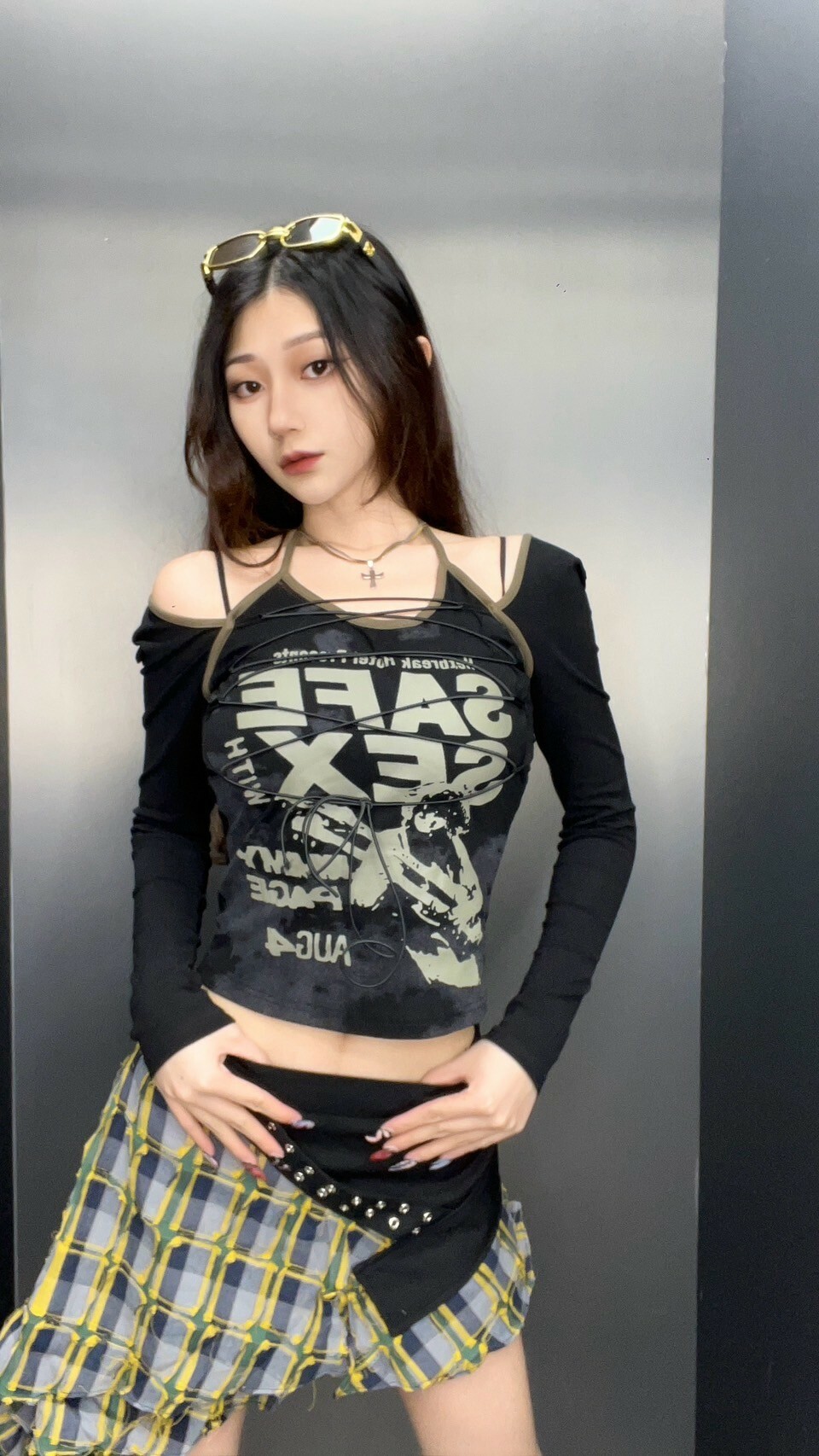 拚格紋不規則短裙