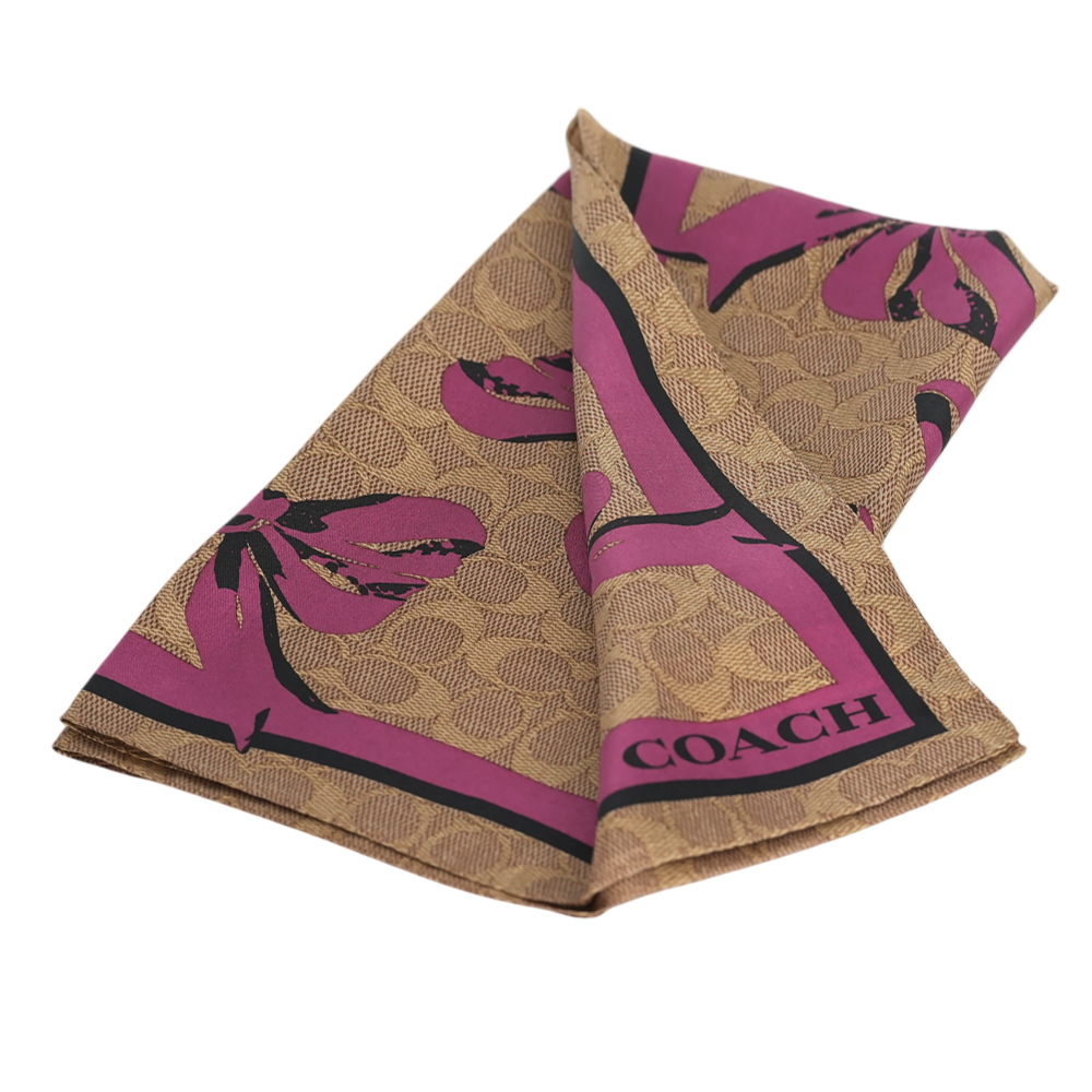 【COACH】滿版CC Logo 及蝴蝶結圖案真絲方巾(棕褐色/粉色)