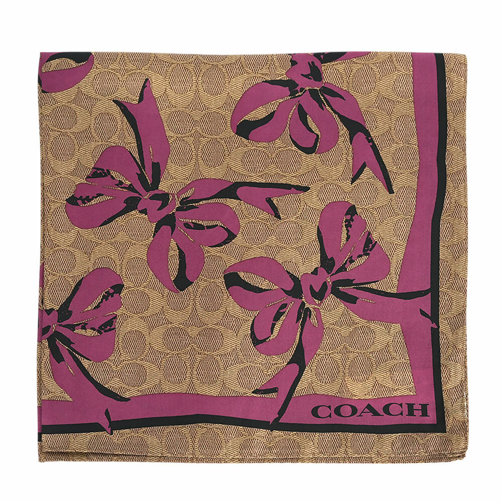 【COACH】滿版CC Logo 及蝴蝶結圖案真絲方巾(棕褐色/粉色)CZ527 OAF