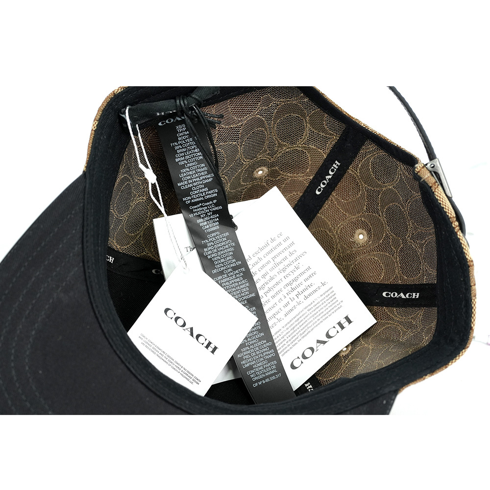 【COACH】CC Logo 緹花布及皮革棒球帽  XS-S  / M-L  (卡其色/黑色)CW764 KHBK