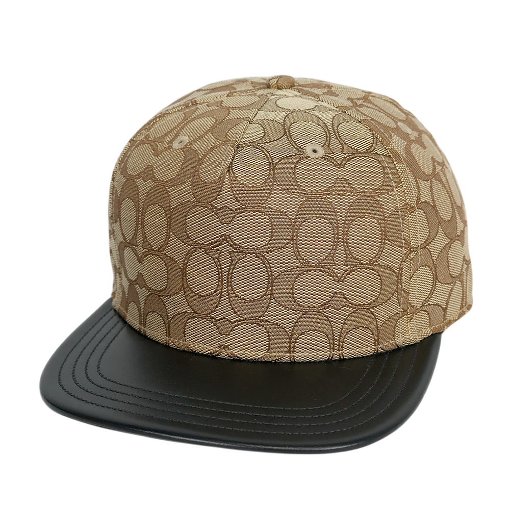 【COACH】CC Logo 緹花布及皮革棒球帽  XS-S  / M-L  (卡其色/黑色)CW764 KHBK