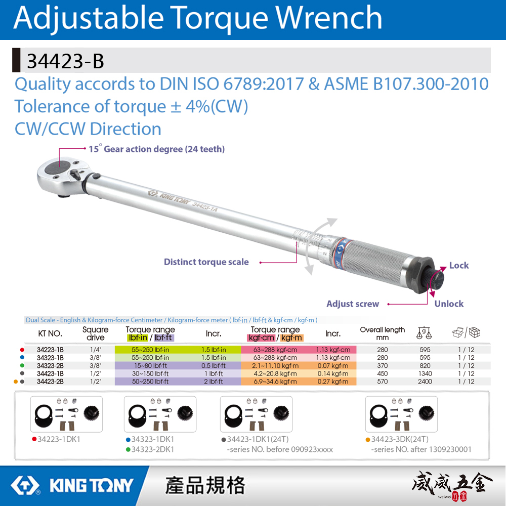 KING TONY 金統立｜1/4" 3/8" 1/2"｜雙刻度24齒扭力扳手 正逆扭力板手｜34423-B