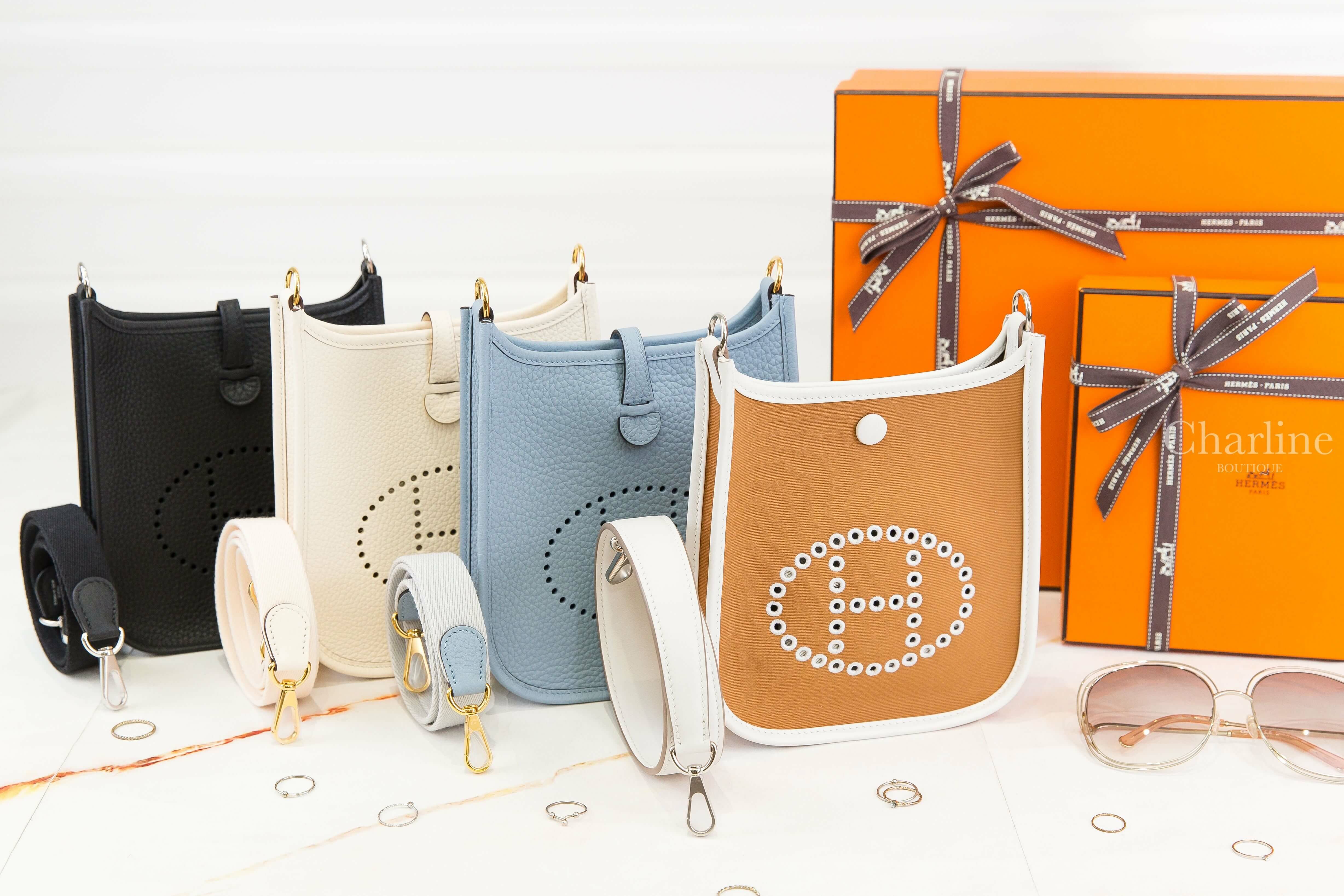 Hermès Evelyne 16cm 亞麻藍金釦珍珠灰背帶二代,Evelyne 16cm 黑色銀釦二代,Evelyne 16cm 奶油白金釦,Neo Evelyne 沙丘棕拼奶灰色銀釦-Charline Boutique 精品代購