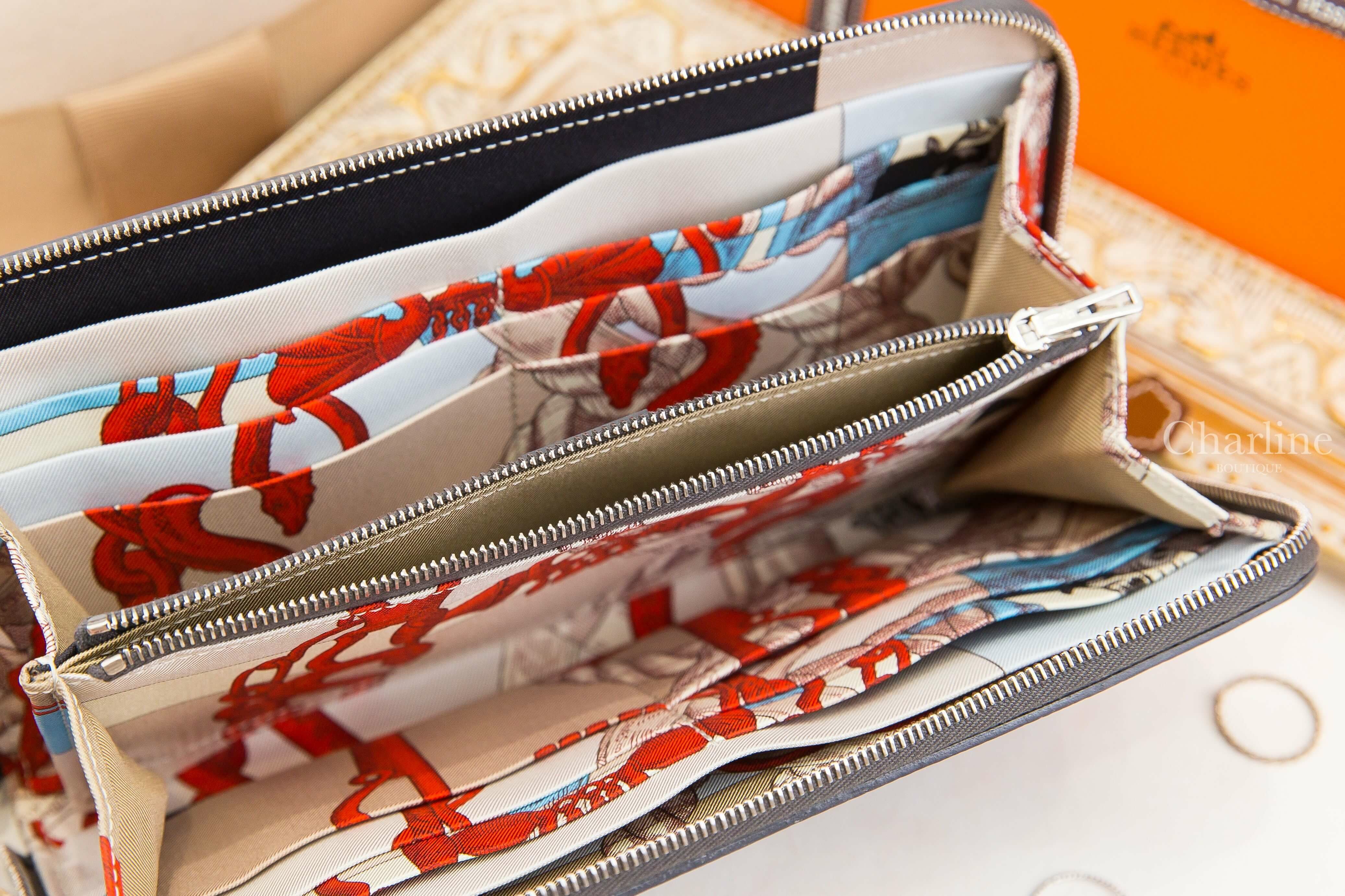 Hermès Silk'in Classique Long Wallet 85 Ardoise Evercolor 石板灰絲巾拉鍊長夾-Charline Boutique 精品代購