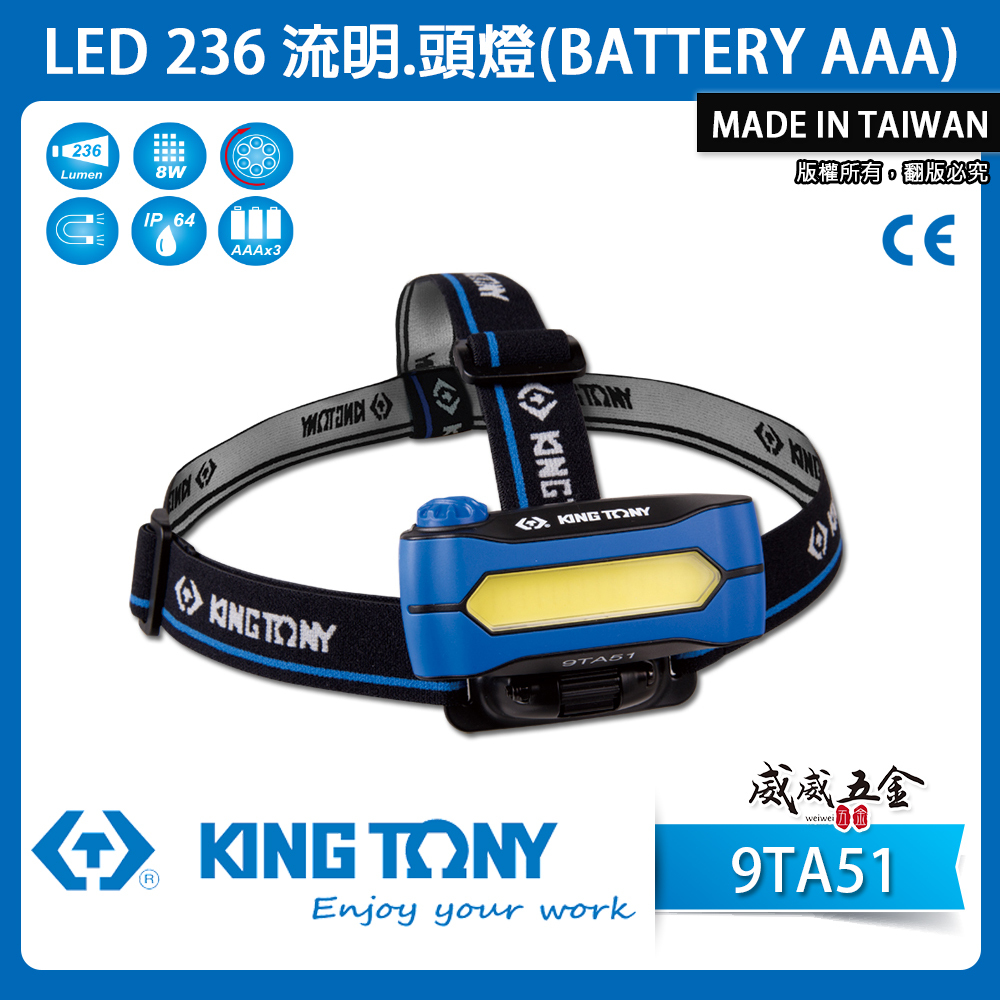 KING TONY 金統立 台灣製｜探照燈 236流明頭燈 5W 可調式光源COB頭燈 LED燈｜9TA51｜台灣製｜公司貨