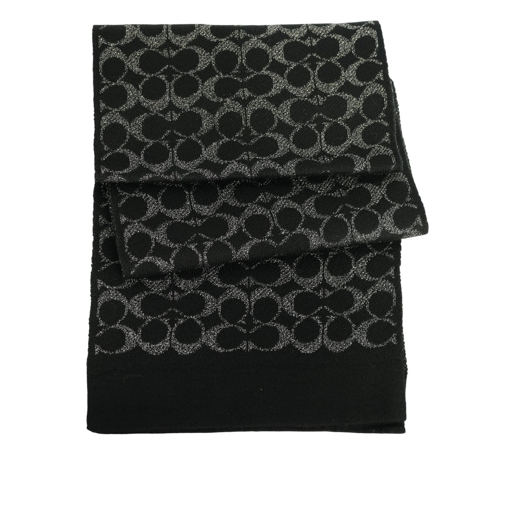 【COACH】滿版CC Logo 羊毛及金屬纖維圍巾(黑色/黑色)
