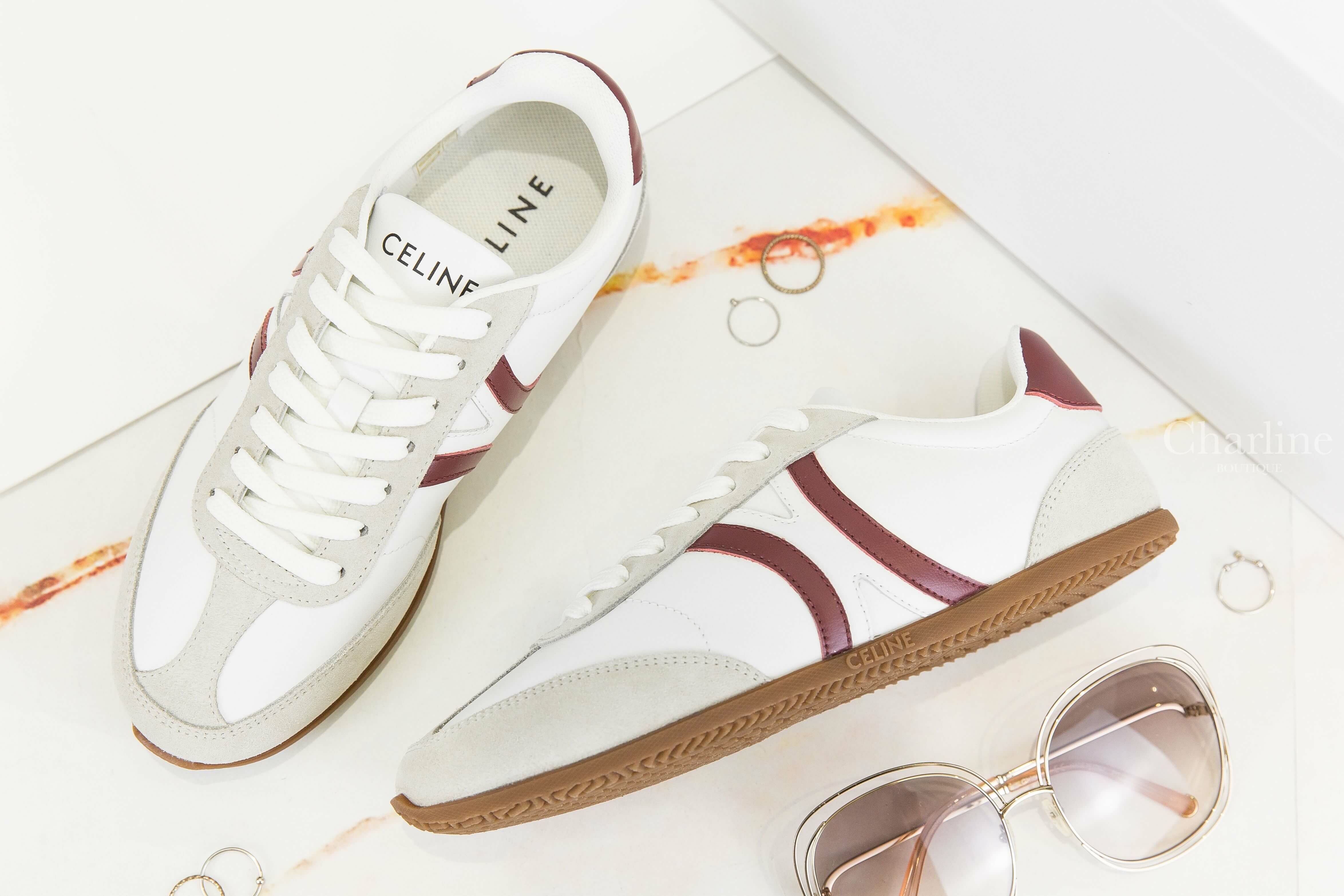 Celine Celine Jogger Low Lace-up Sneaker In Calfskin & Suede Calfskin 光學白黑字凱旋門深勃根地酒紅線條小牛皮拼灰色麂皮低筒運動鞋-Charline Boutique 精品代購