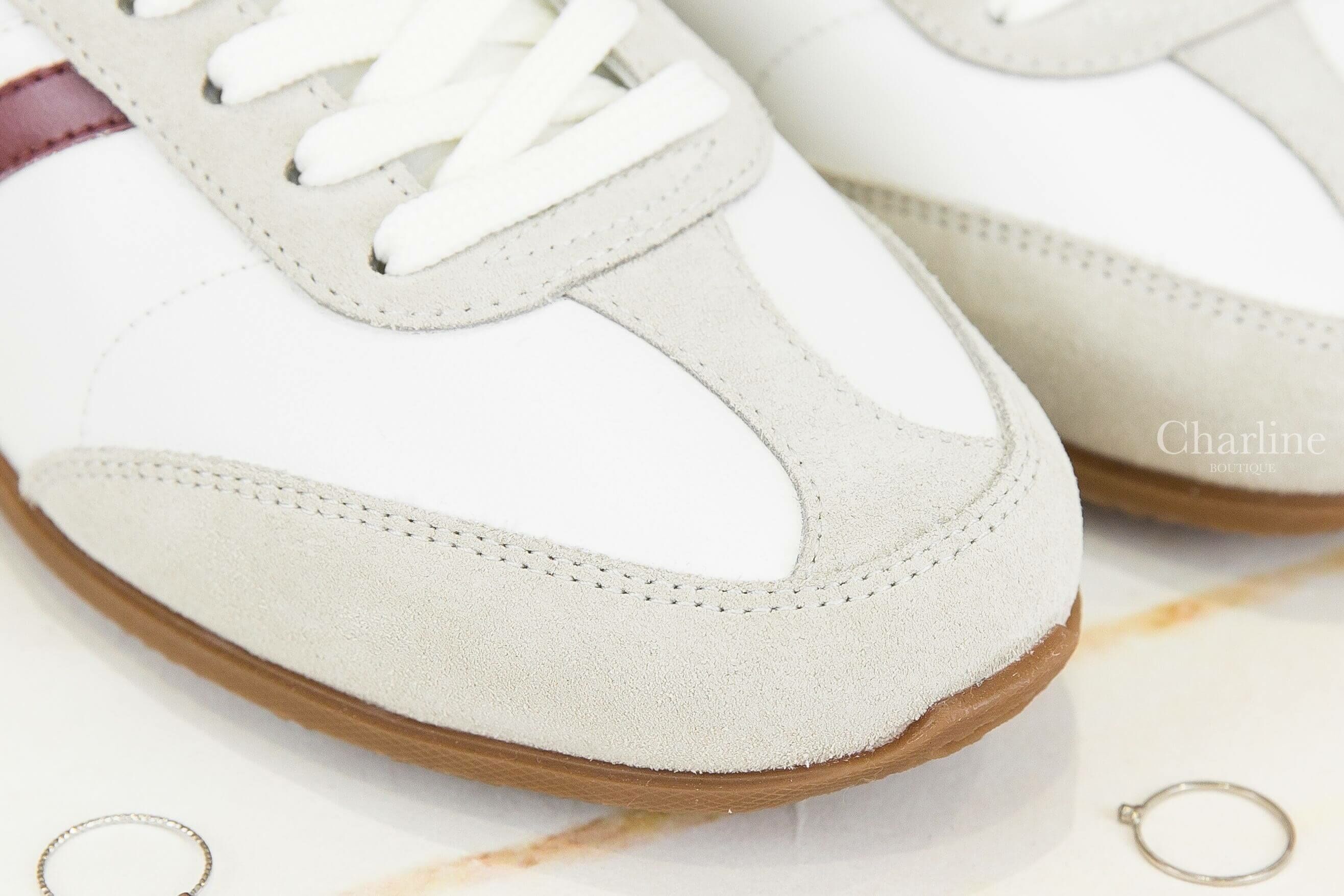 Celine Celine Jogger Low Lace-up Sneaker In Calfskin & Suede Calfskin 光學白黑字凱旋門深勃根地酒紅線條小牛皮拼灰色麂皮低筒運動鞋