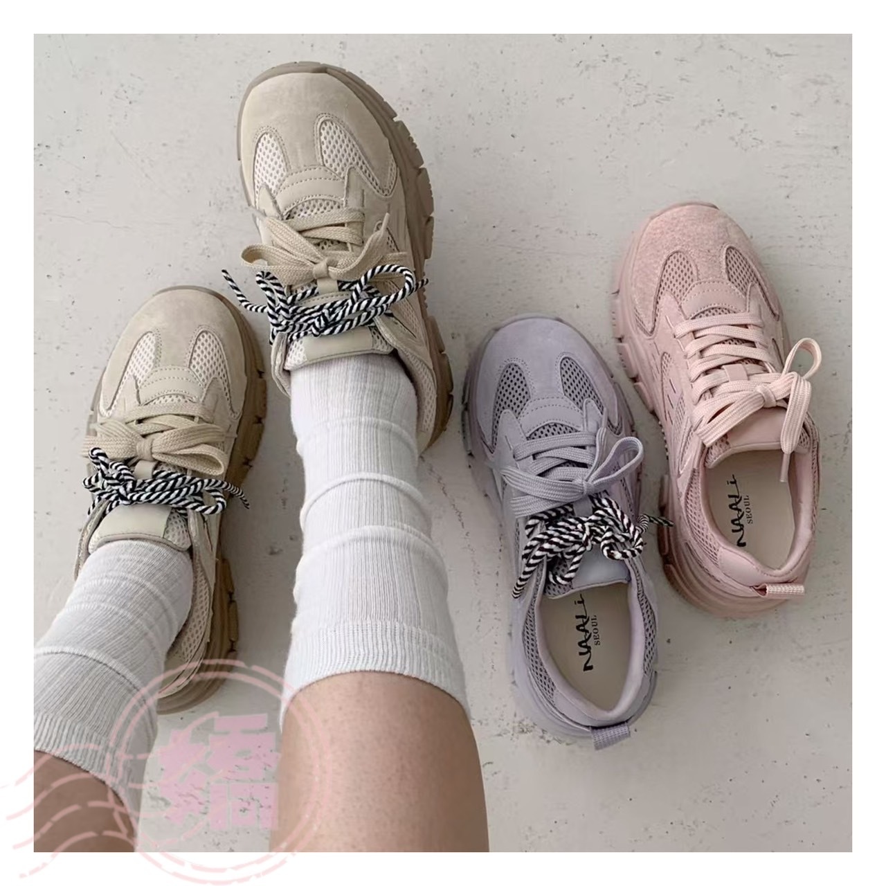 K19006真皮拼網厚底鞋(杏'紫'粉)(230'235'240'245'250)