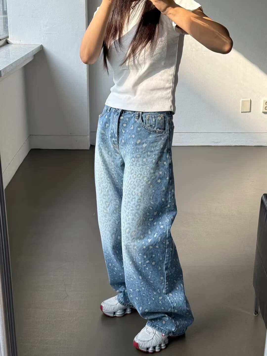 UNUSED 刷色 豹紋 闊腿 #牛仔褲