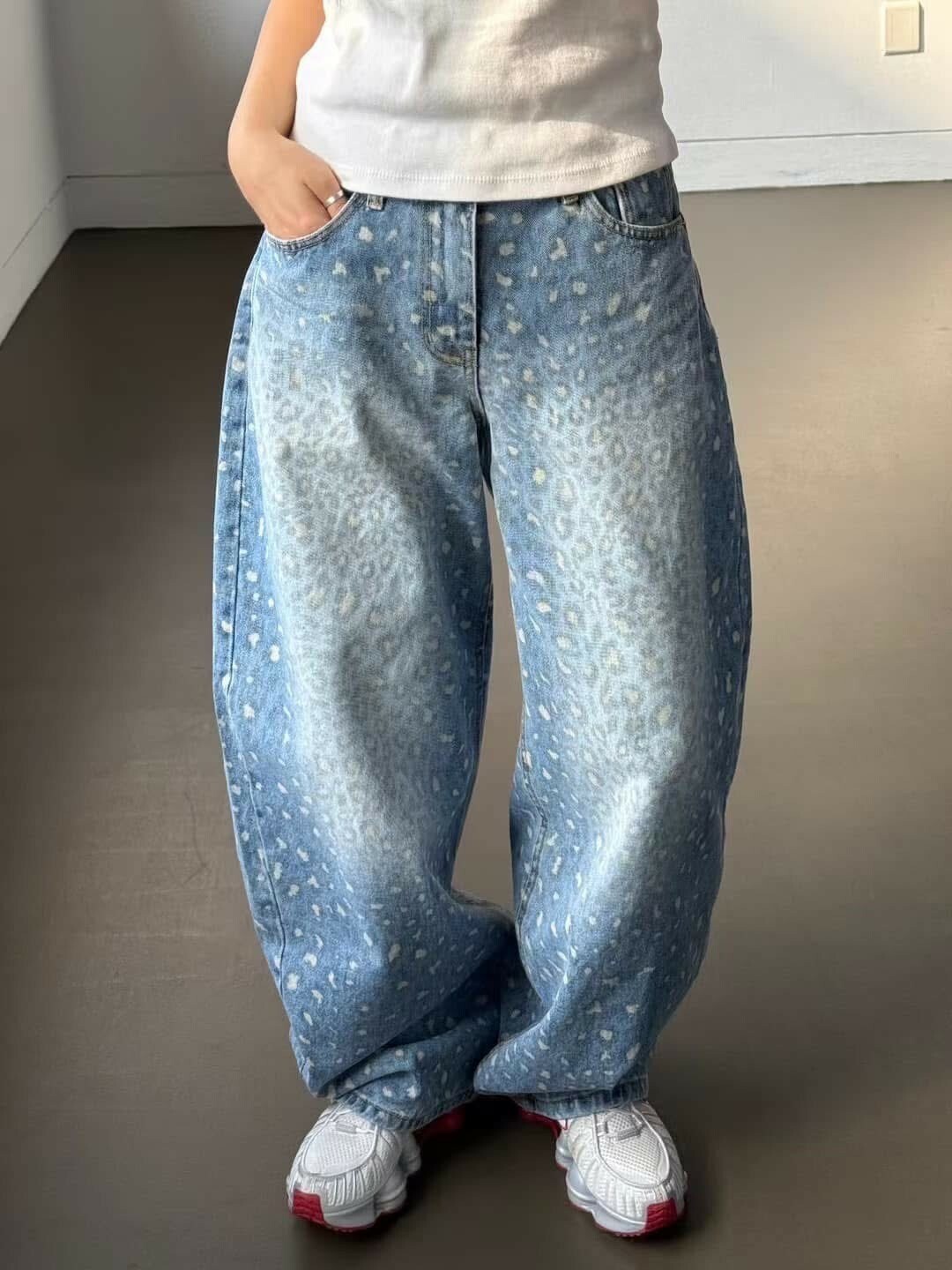 UNUSED 刷色 豹紋 闊腿 #牛仔褲