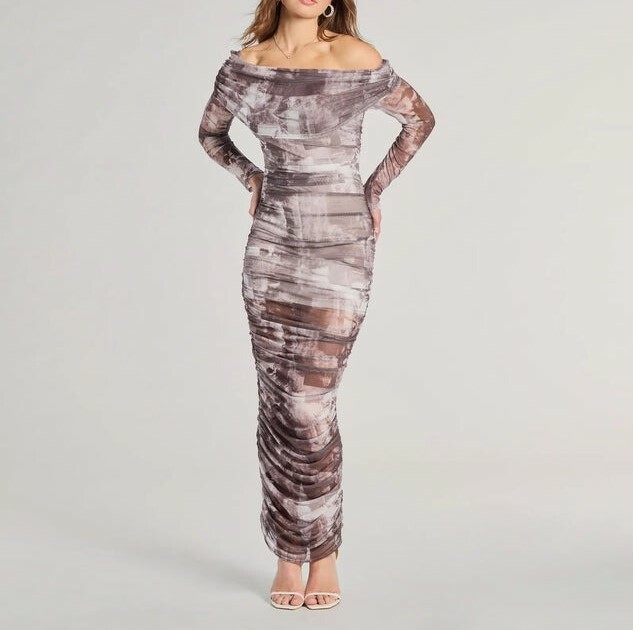 Gray Purple淺灰褐色報紙印花露肩網紗 Maxi Dress