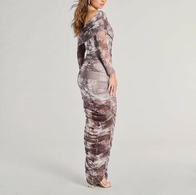 Gray Purple淺灰褐色報紙印花露肩網紗 Maxi Dress