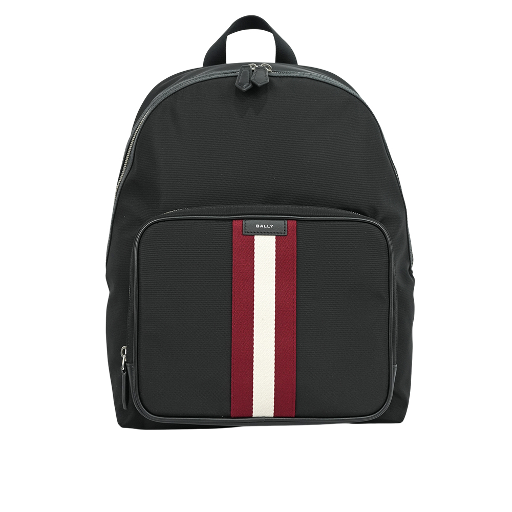 【BALLY】Code 紅白織帶尼龍拉鍊口袋後背包(黑色)6308463