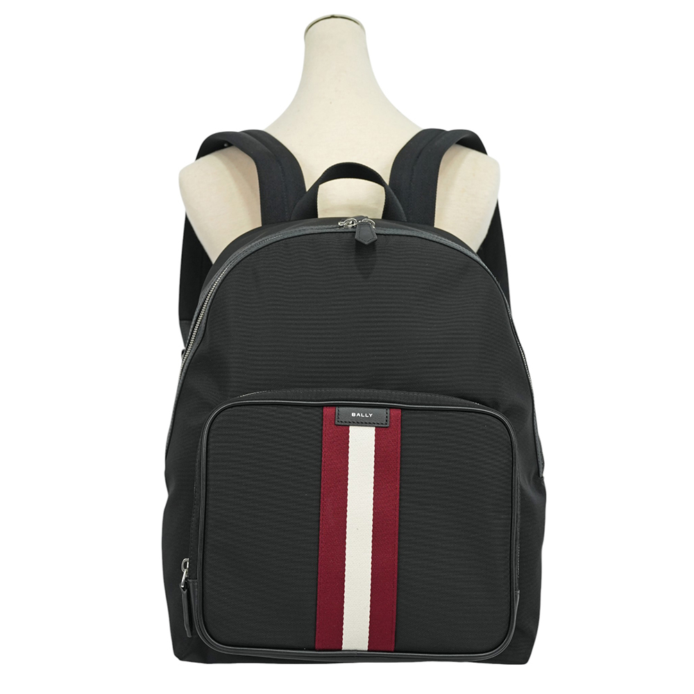 【BALLY】Code 紅白織帶尼龍拉鍊口袋後背包(黑色)6308463