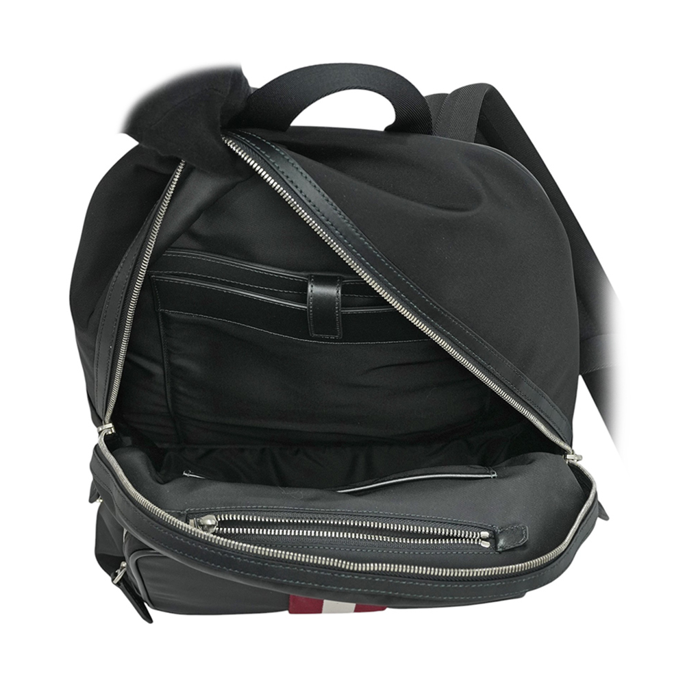 【BALLY】Code 紅白織帶尼龍拉鍊口袋後背包(黑色)6308463