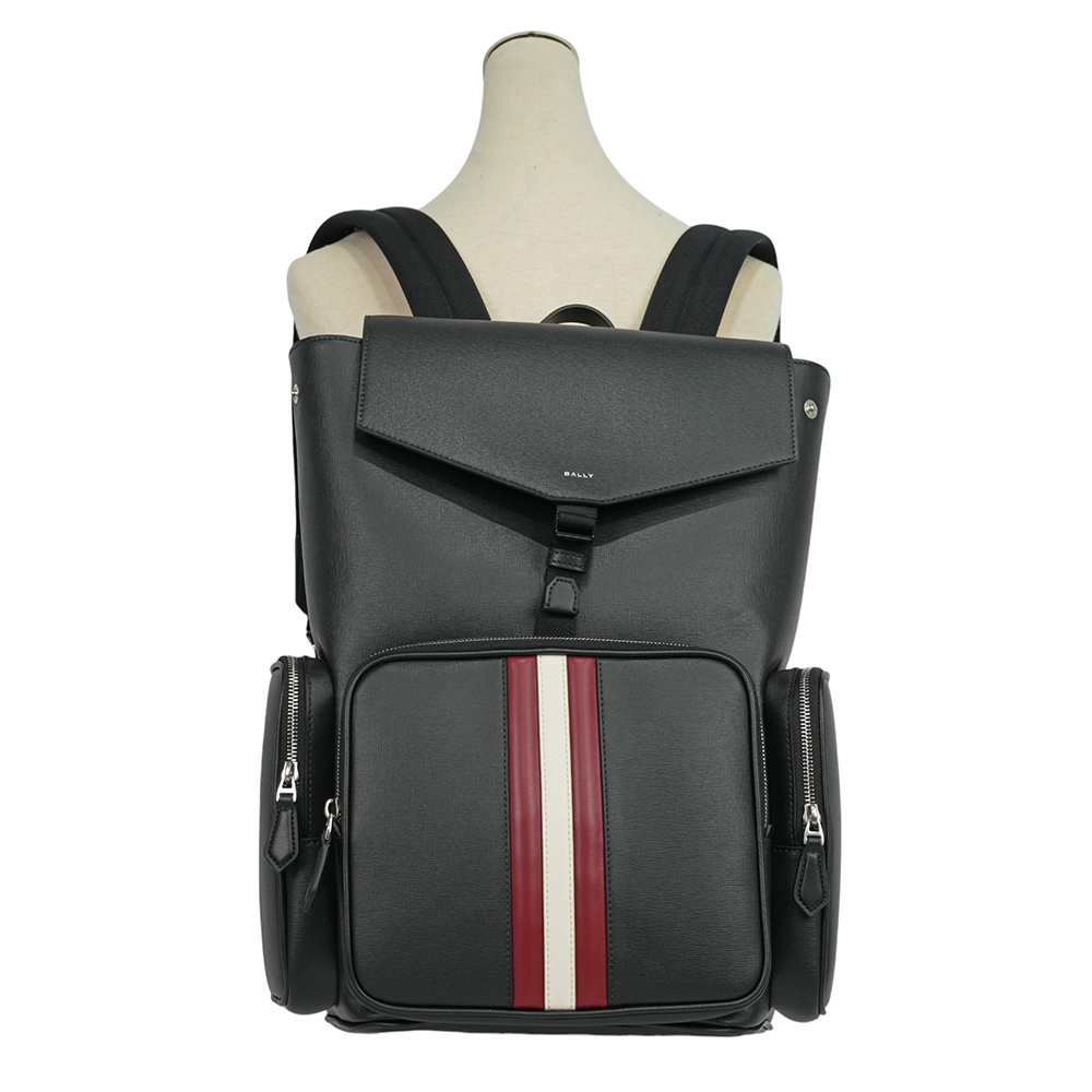 【BALLY】Mythos 紅白條紋再生牛皮翻蓋束口後背包(黑色)6308459