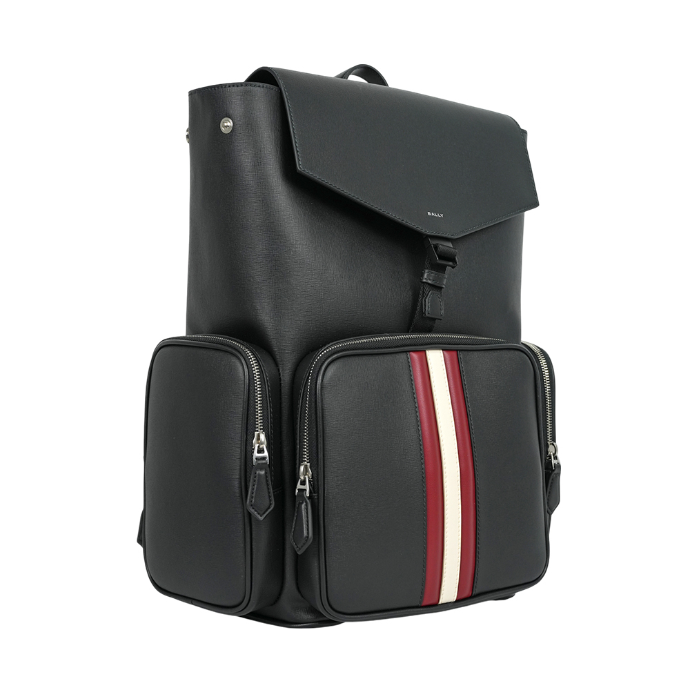 【BALLY】Mythos 紅白條紋再生牛皮翻蓋束口後背包(黑色)6308459