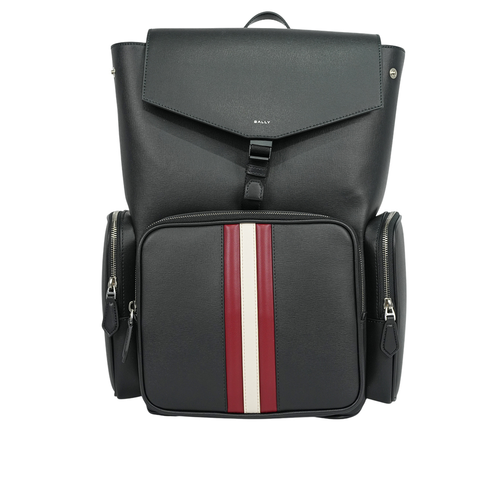 【BALLY】Mythos 紅白條紋再生牛皮翻蓋束口後背包(黑色)6308459