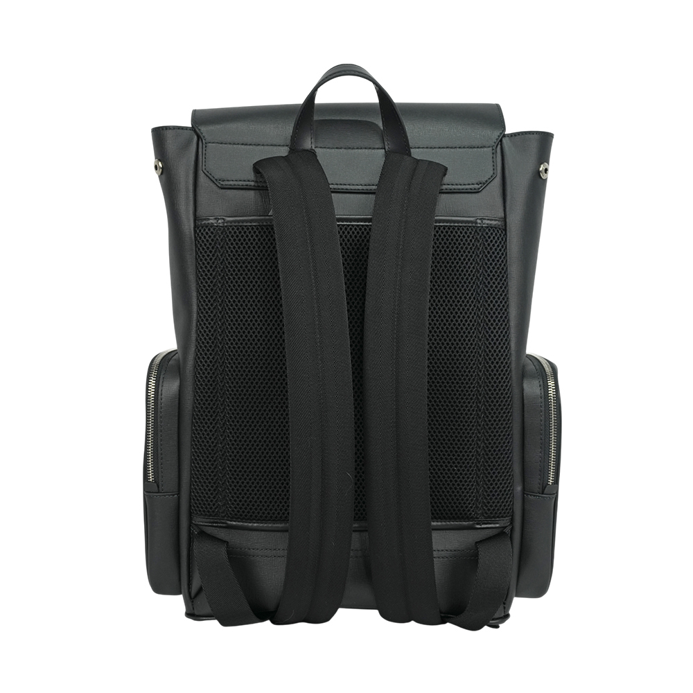 【BALLY】Mythos 紅白條紋再生牛皮翻蓋束口後背包(黑色)6308459