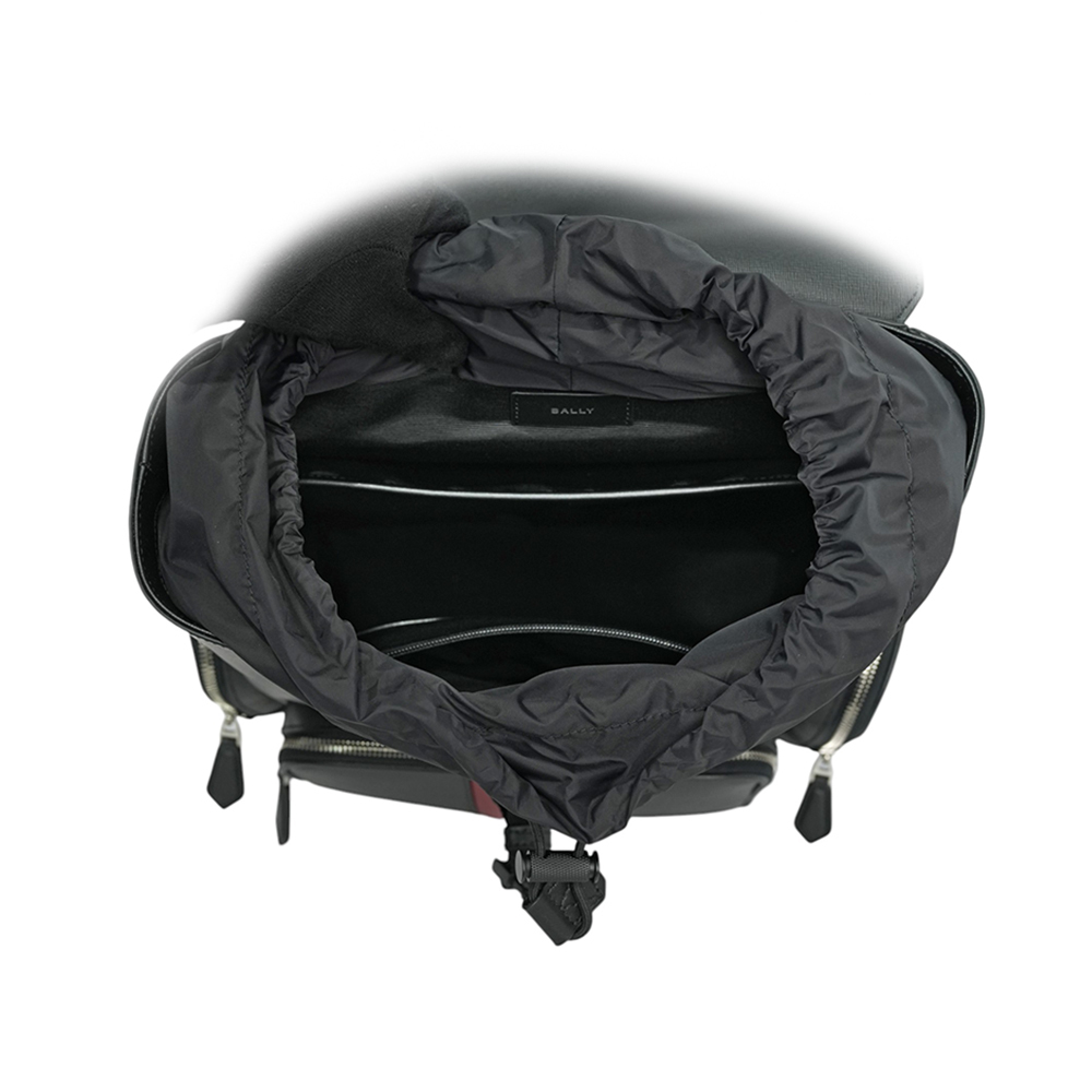 【BALLY】Mythos 紅白條紋再生牛皮翻蓋束口後背包(黑色)6308459